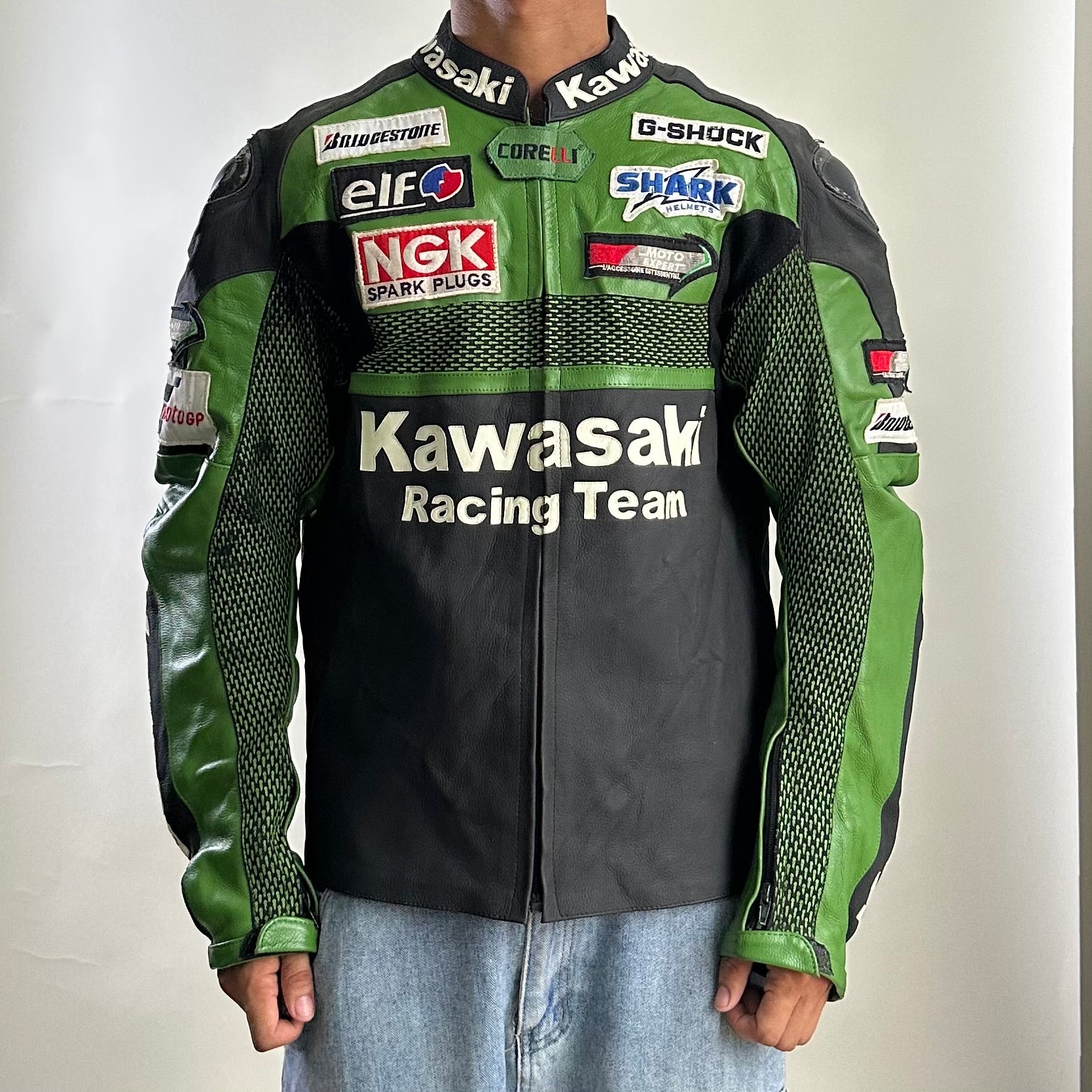 Kawasaki Racing Team Leather Armor Riding Jacket in Green (Size Medium)