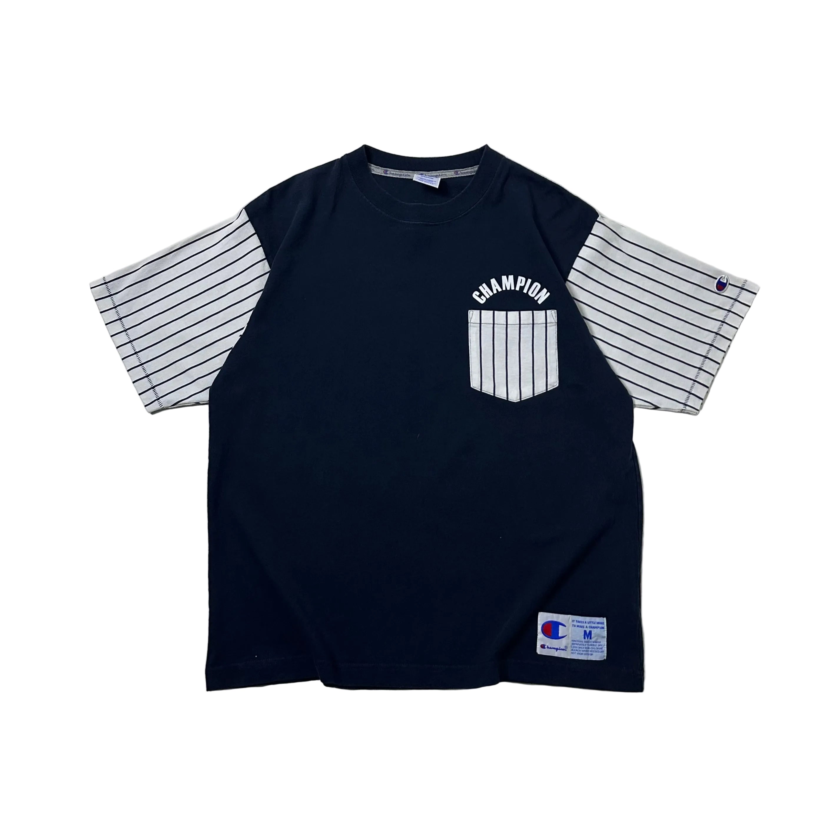 Champion T-shirt with Contrasting Pinstripe Sleeves Navy Blue Size Medium (Fits Large)