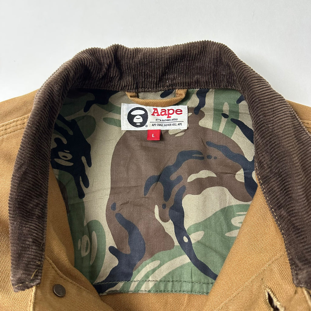 AAPE by A Bathing Ape Chore Coat Jacket Corduroy Collar in Brown Canvas (Size Large)