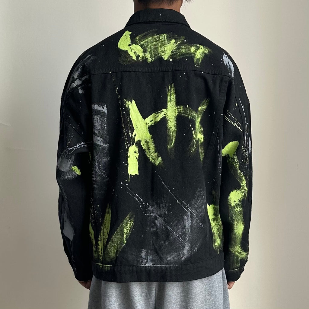 Random Paint Splattered Black Denim Jacket (Size Large) Boxy Fit — SOLD