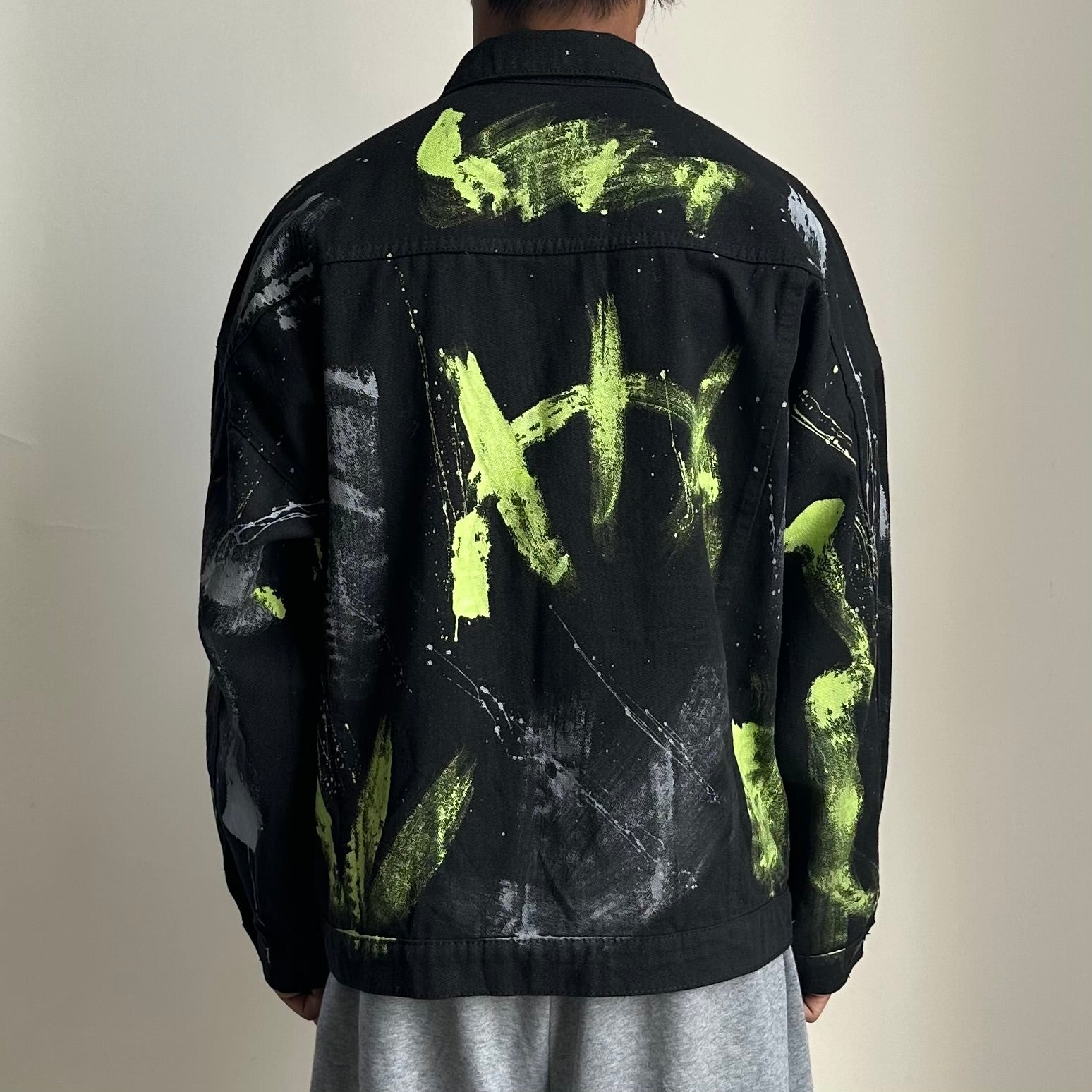 Random Paint Splattered Black Denim Jacket (Size Large) Boxy Fit — SOLD