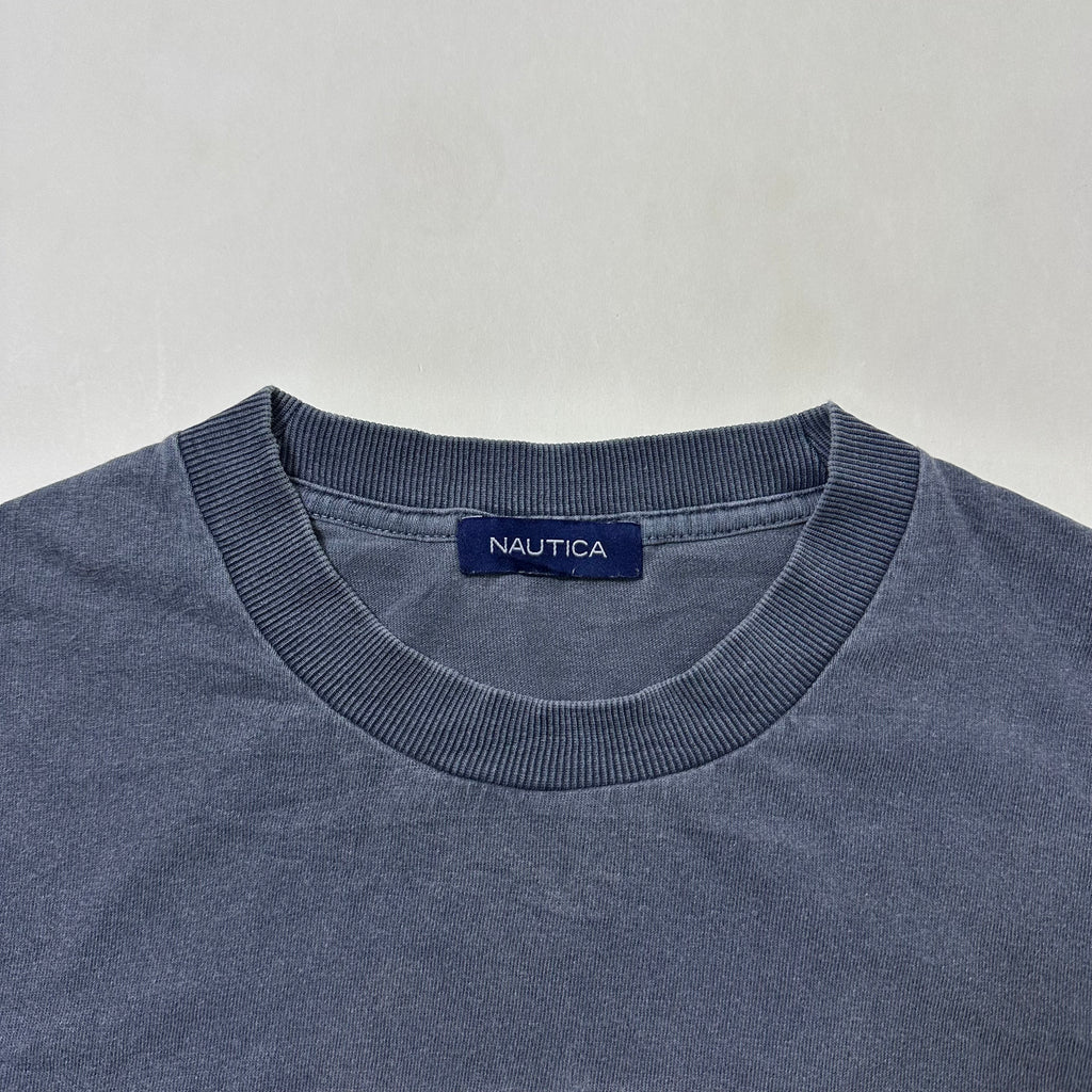 NAUTICA JAPAN Hasegawa Pigment Dyed Arch Logo T-shirt with Multiple Pin holes Size Medium Oversized