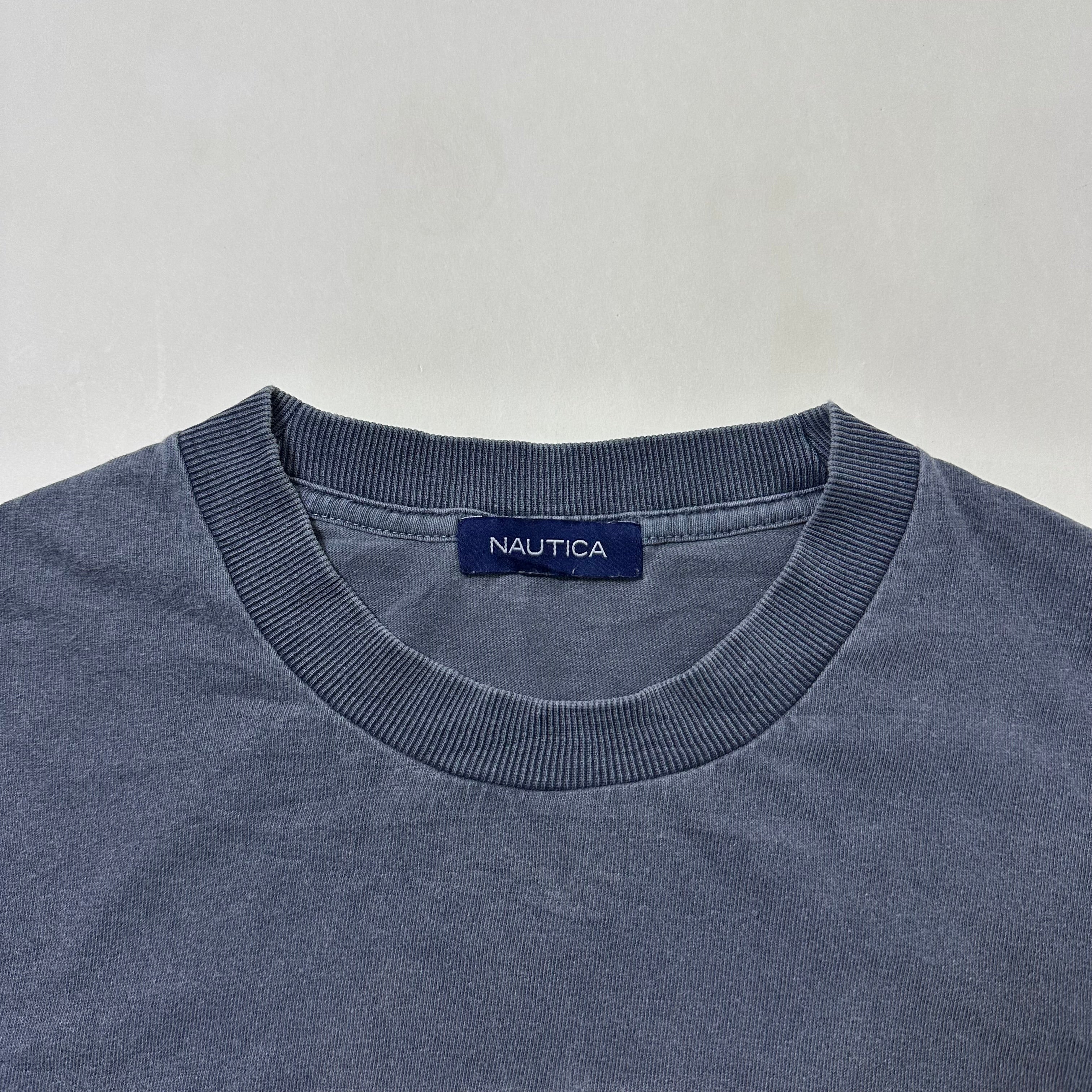 NAUTICA JAPAN Hasegawa Pigment Dyed Arch Logo T-shirt with Multiple Pin holes Size Medium Oversized