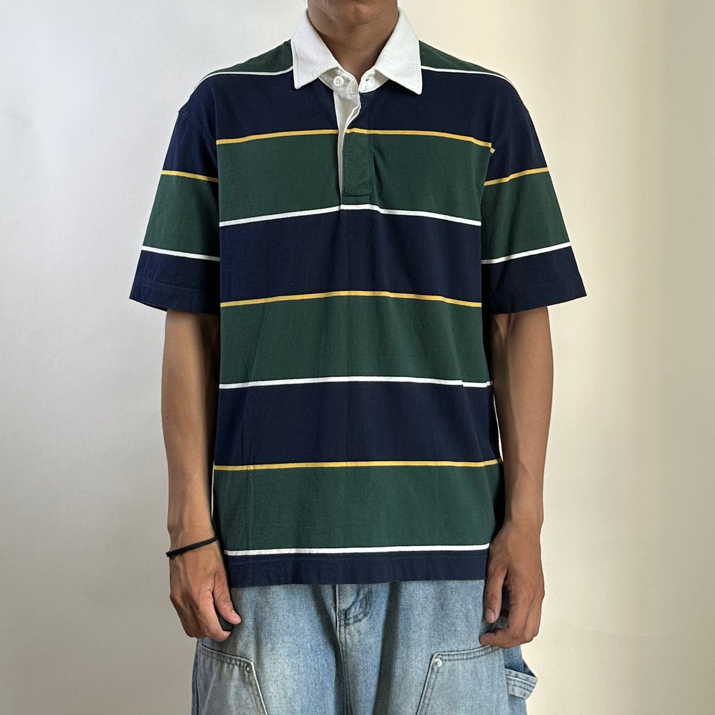 Uniqlo Rugger Polo Short Sleeve Striped Shirt in Dark Green and Navy (Size Medium) - SOLD