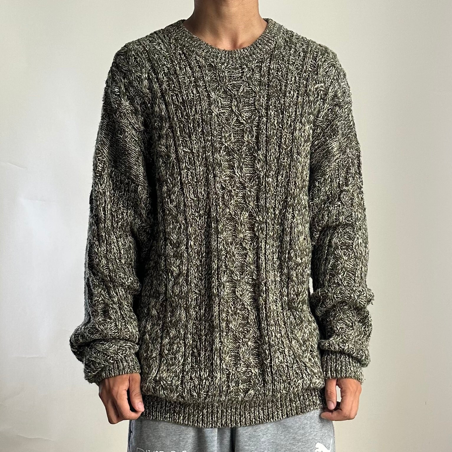 Vintage Structure Cable-Knit Sweater in Marled Green (Size XL)