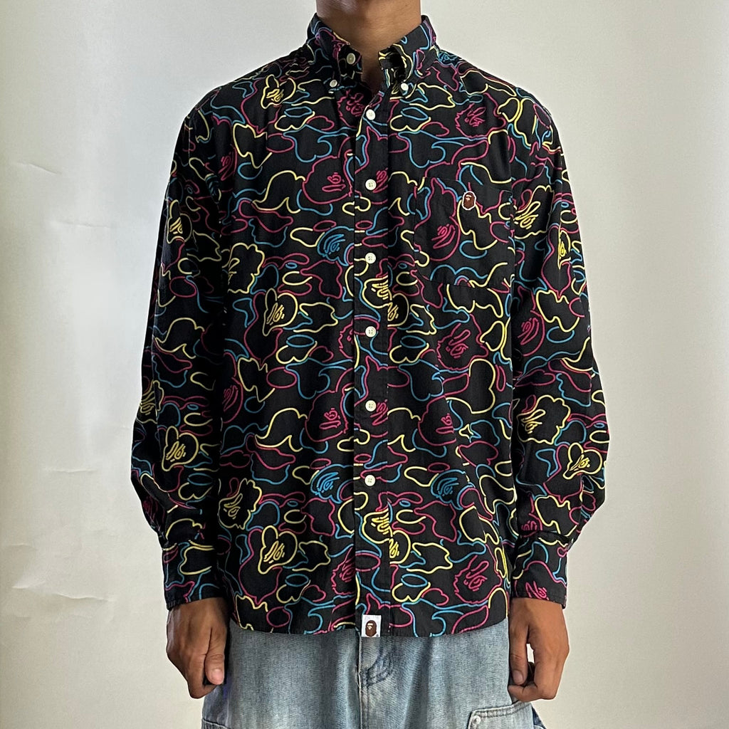 BAPE OG Neon Camo Button-Down Long sleeve Shirt in Black (Best Fit Large)