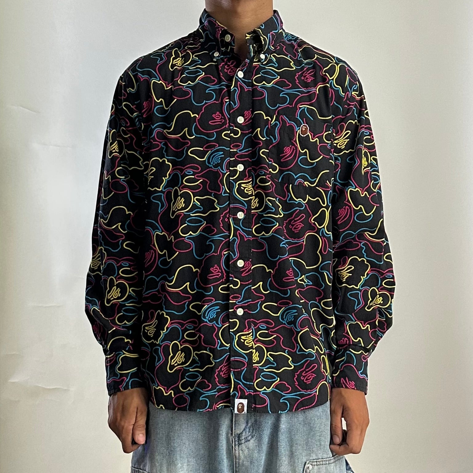 BAPE OG Neon Camo Button-Down Long sleeve Shirt in Black (Best Fit Large)