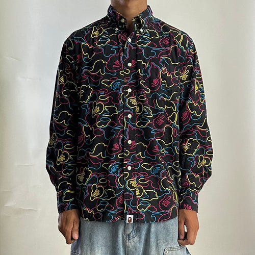 BAPE OG Neon Camo Button-Down Long sleeve Shirt in Black (Best Fit Large)