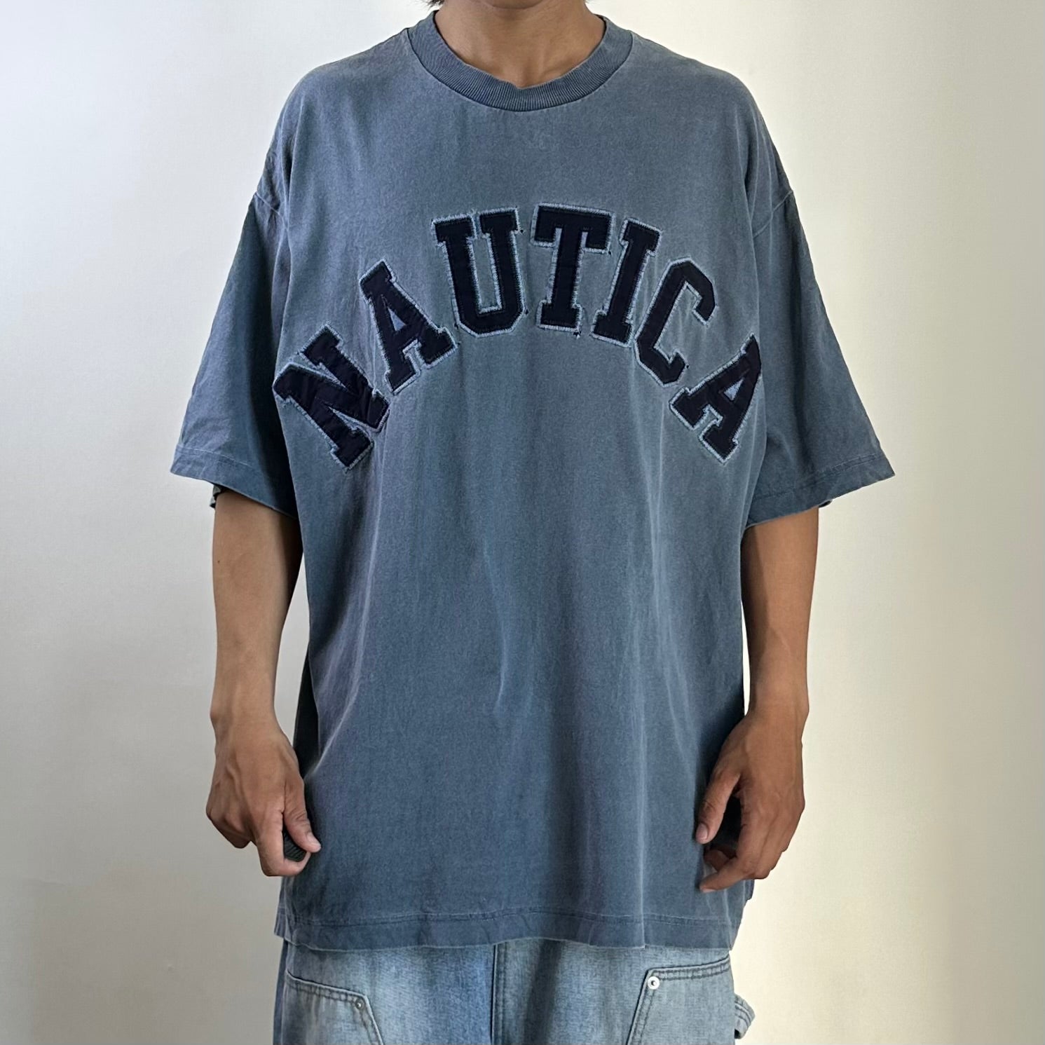 NAUTICA JAPAN Hasegawa Pigment Dyed Arch Logo T-shirt with Multiple Pin holes Size Medium Oversized