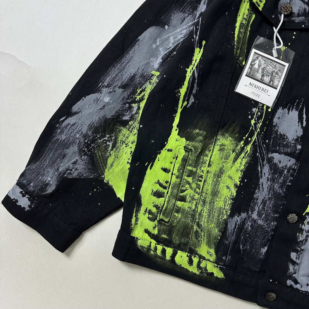 Random Paint Splattered Black Denim Jacket (Size Large) Boxy Fit — SOLD