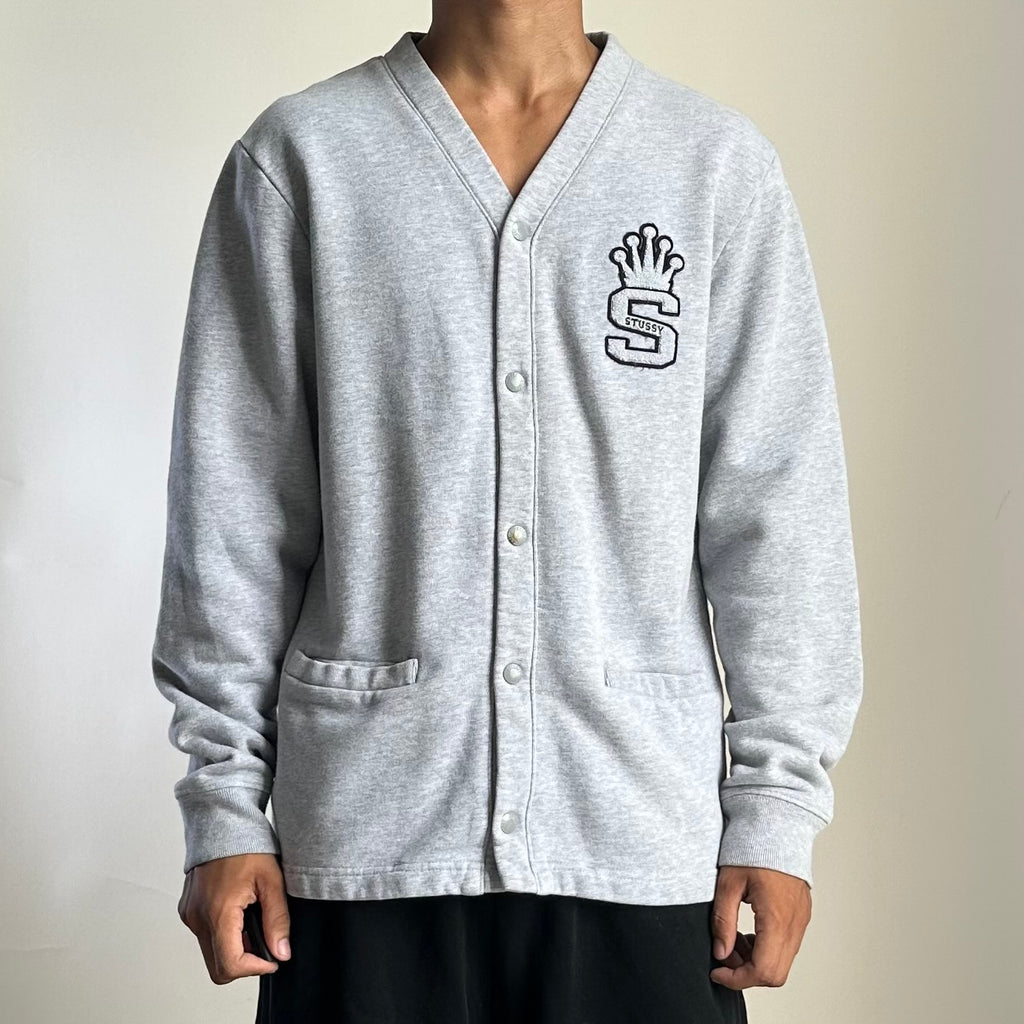 Stussy Cardigan Sweater Felt Patch Crown-topped “S” Logo in Gray (Size Medium)