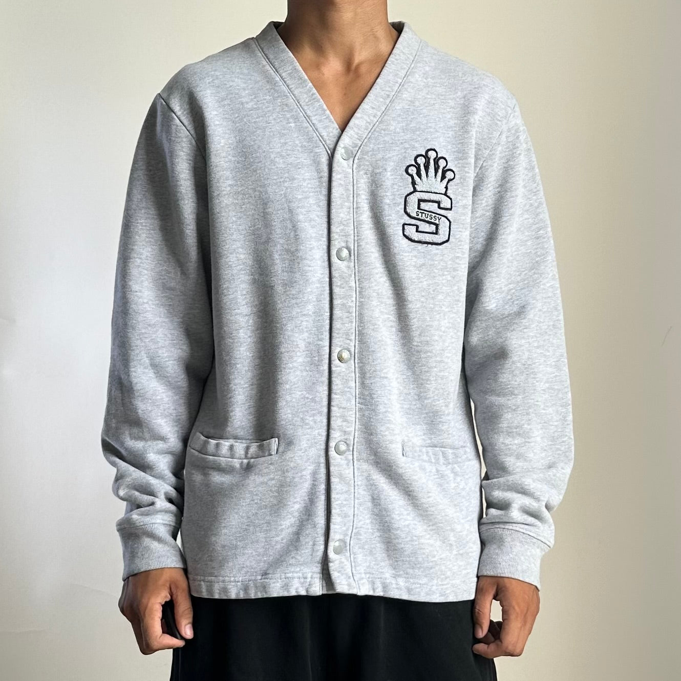 Stussy Cardigan Sweater Felt Patch Crown-topped “S” Logo in Gray (Size Medium)