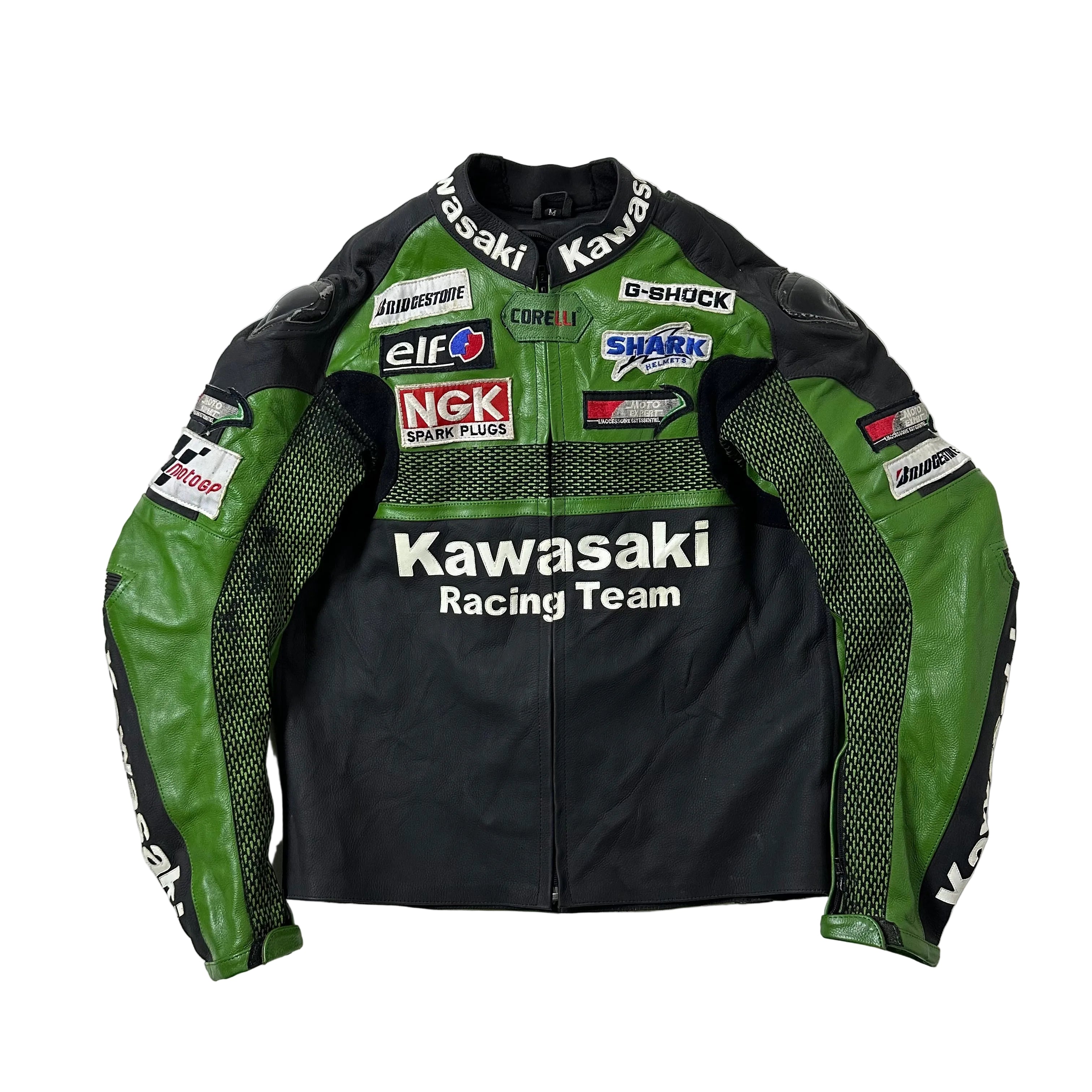 Kawasaki Racing Team Leather Armor Riding Jacket in Green (Size Medium)