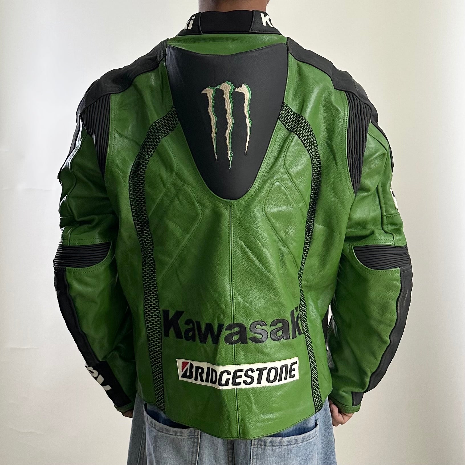 Kawasaki Racing Team Leather Armor Riding Jacket in Green (Size Medium)