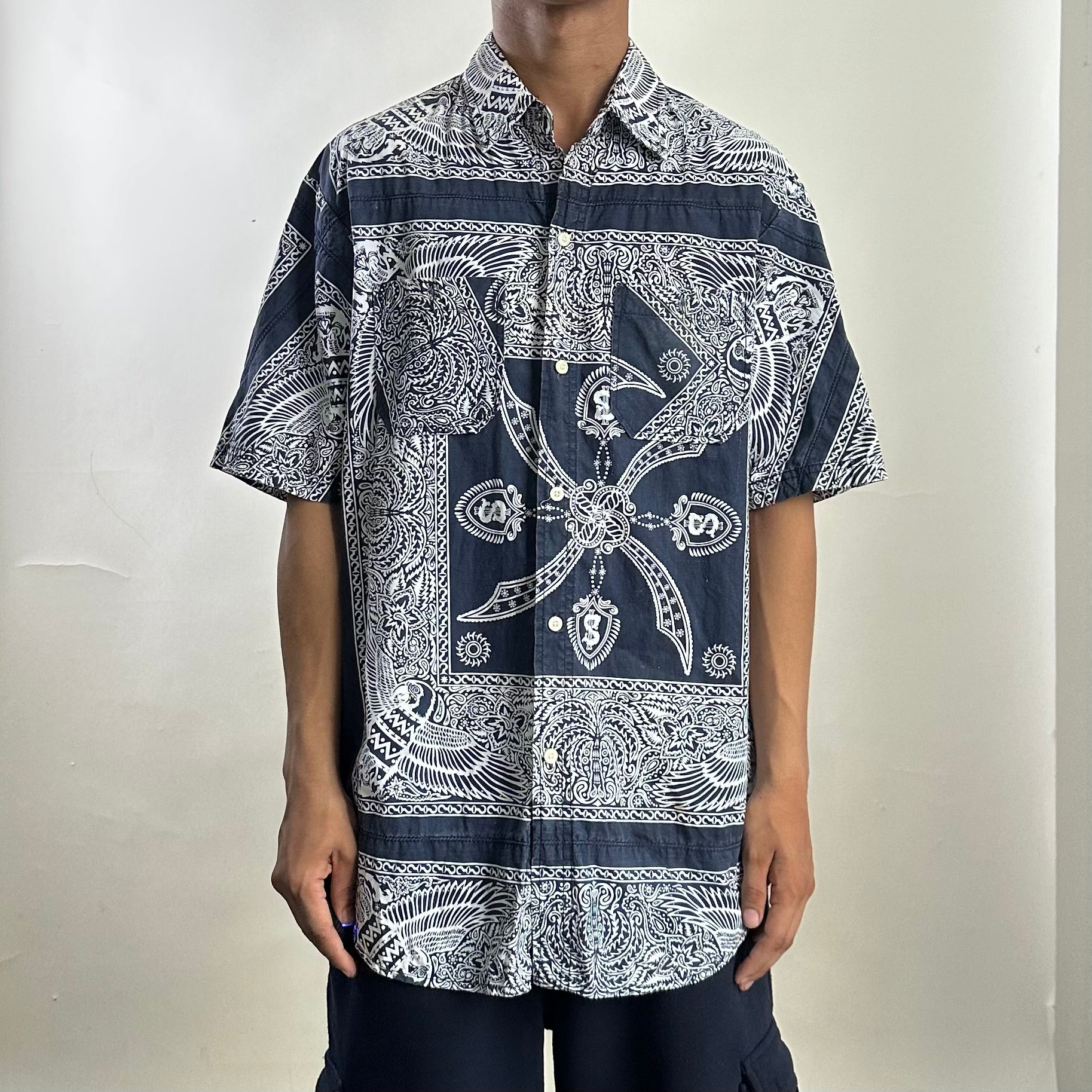 Vintage Stussy Paisley Bandana Pattern Shirt in Navy with multiple yellow stains (Size Large)