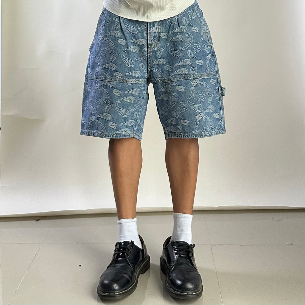 Paisley Bandana Carpenter Jorts in Light Wash Blue (Size 30-31)