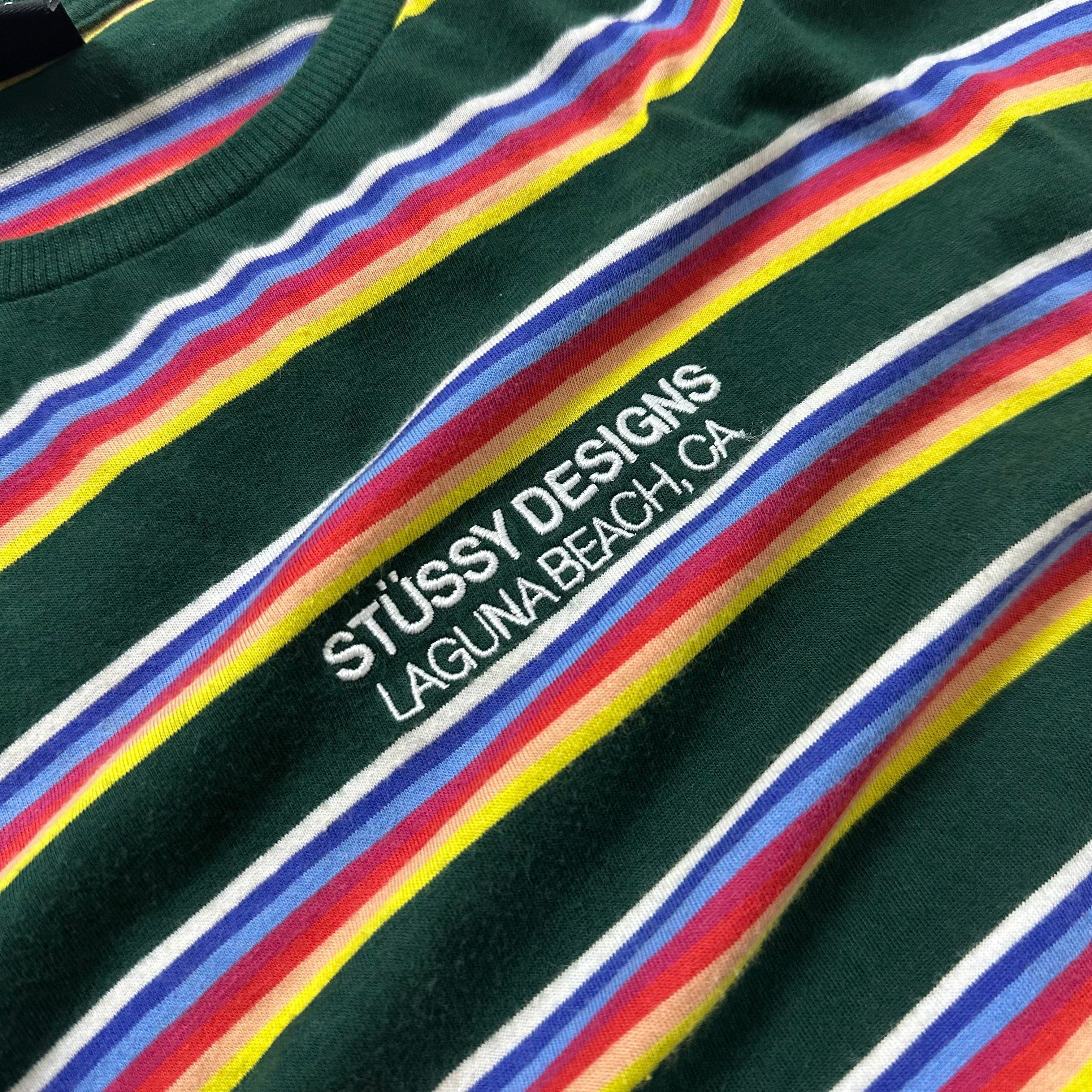 Stüssy Designs Laguna Beach CA T-shirt in Stripes Pattern Size Small Oversized (Fits Large)