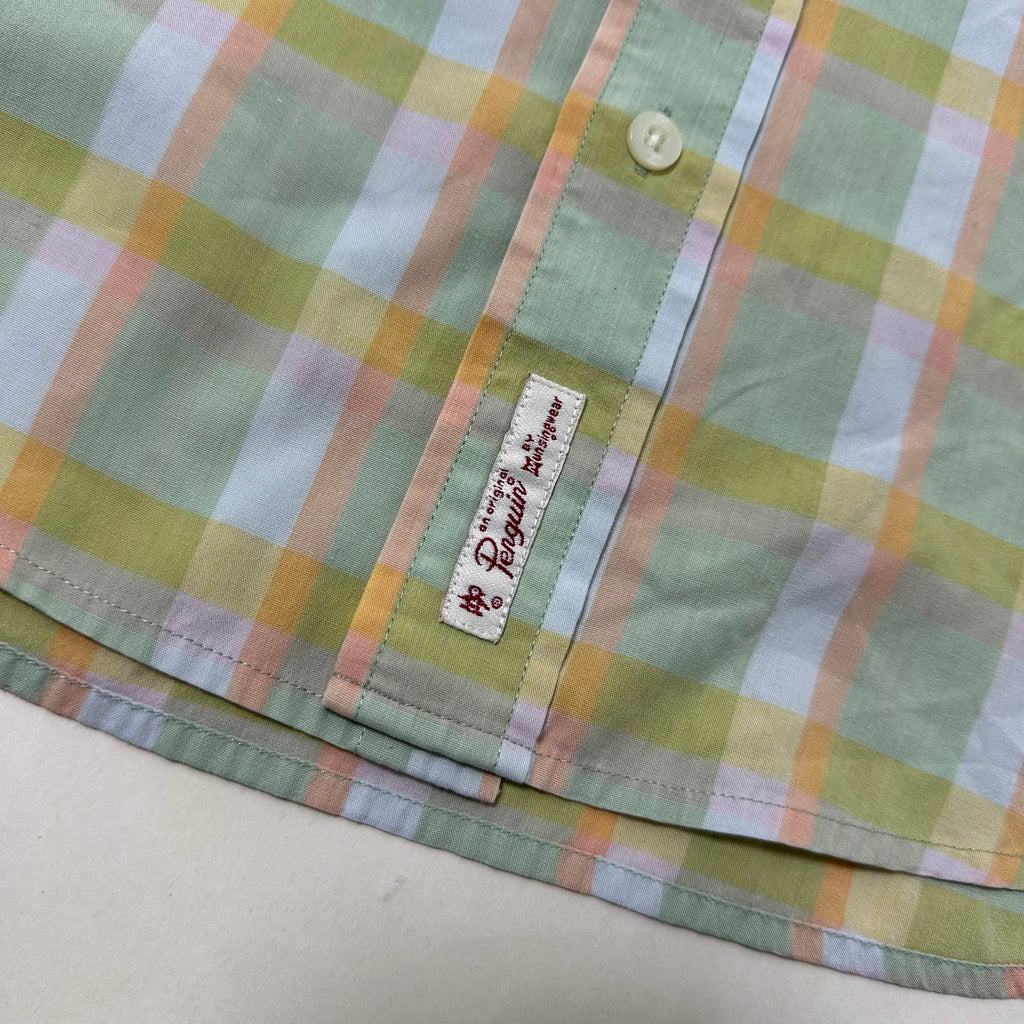 Penguin Short-sleeve Button-down Polo in Pastel Plaid Pattern (Size Medium)