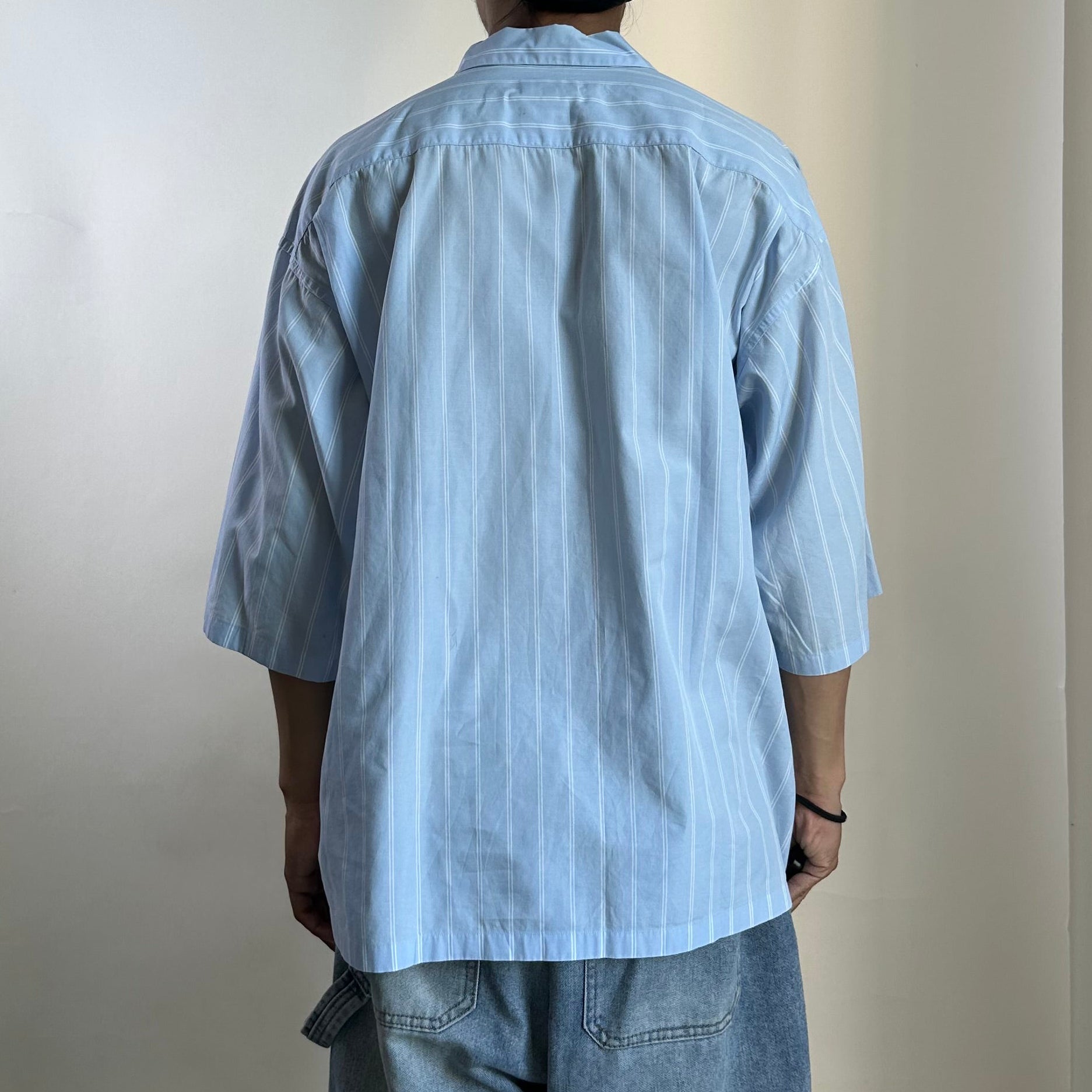 BEAMS Original Fabric Pinstripes Button down Polo in Light Blue (Size Large)