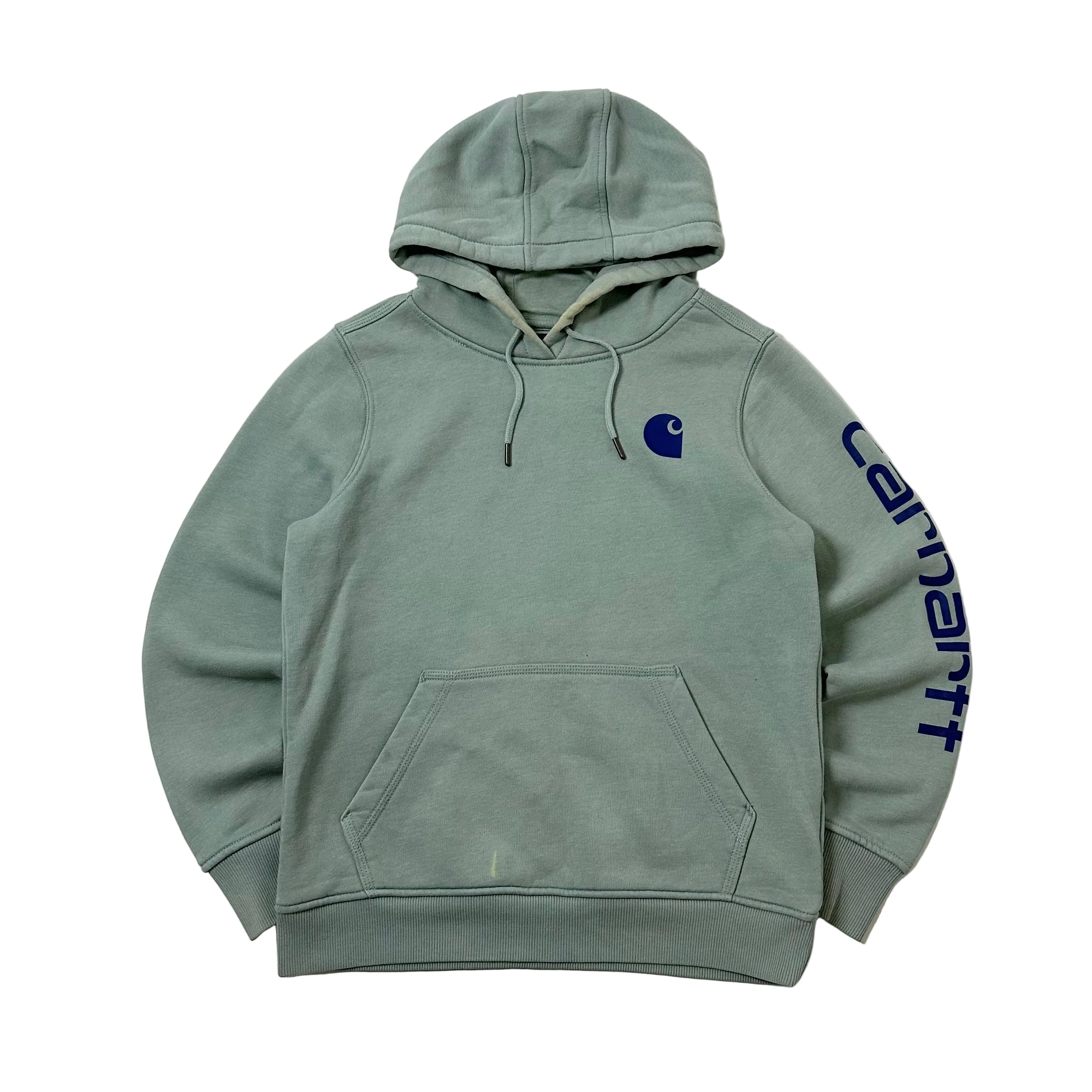 Carhartt Script Hoodie Jacket in Pale Green with yellow stains (Size Small)
