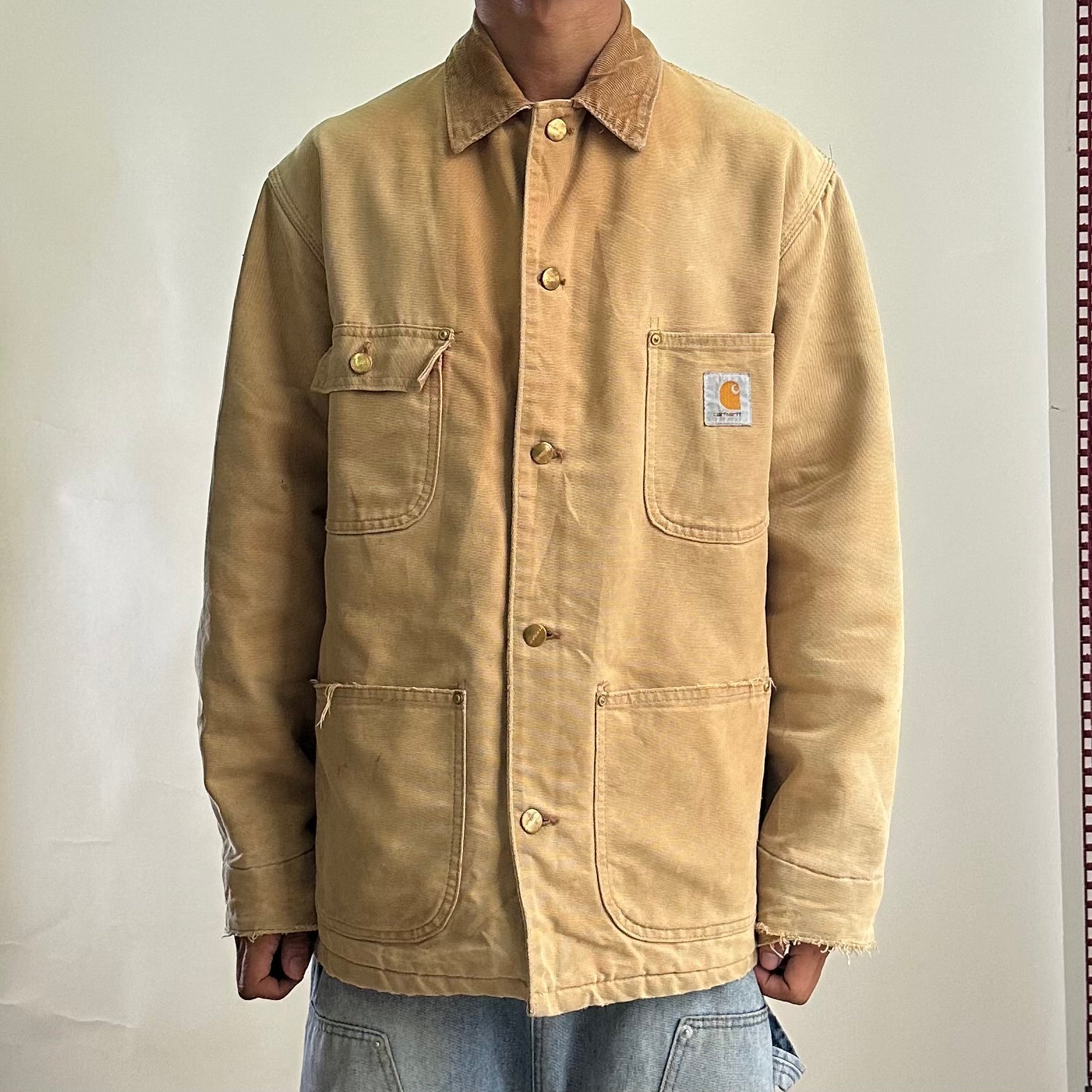 Vintage Carhartt Duck Canvas Chore Coat Jacket in Tan Brown (Size 44 Large)