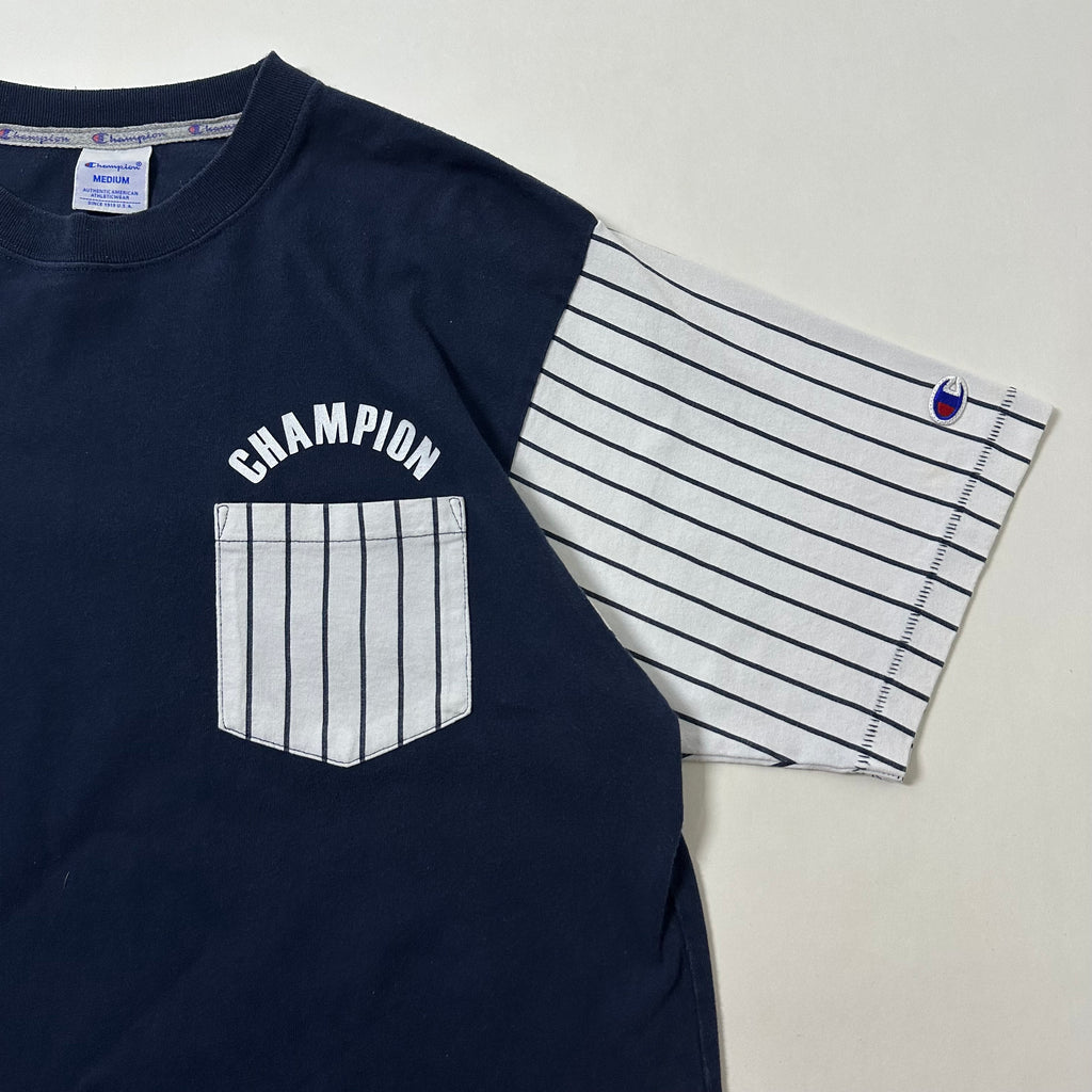 Champion T-shirt with Contrasting Pinstripe Sleeves Navy Blue Size Medium (Fits Large)