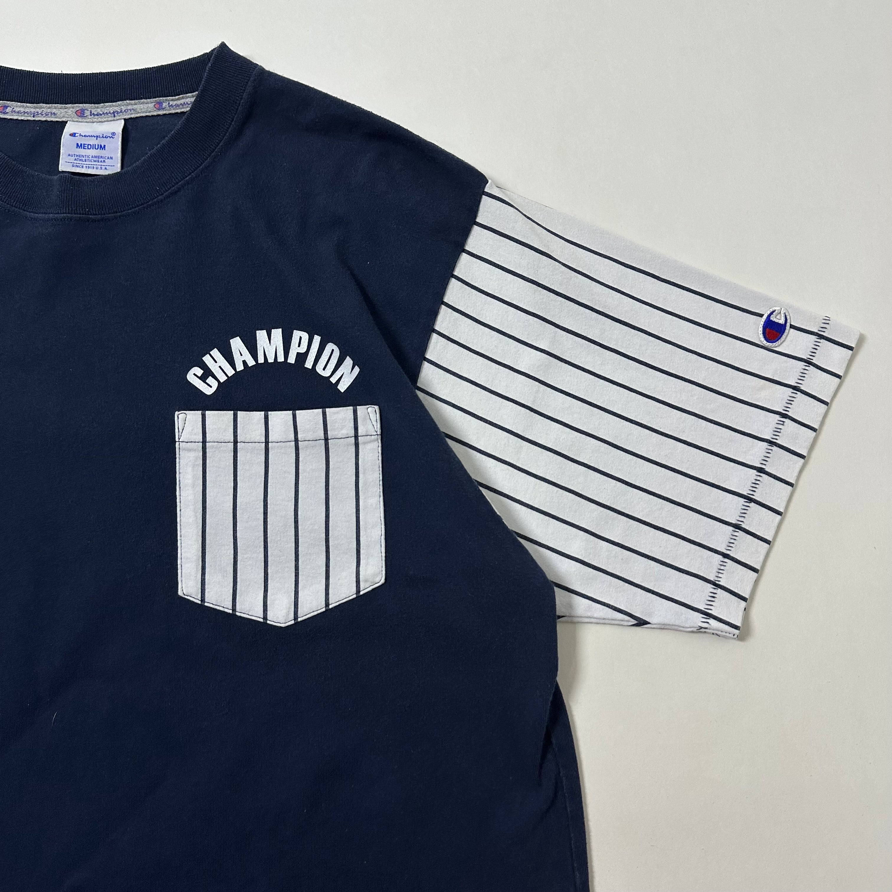 Champion T-shirt with Contrasting Pinstripe Sleeves Navy Blue Size Medium (Fits Large)