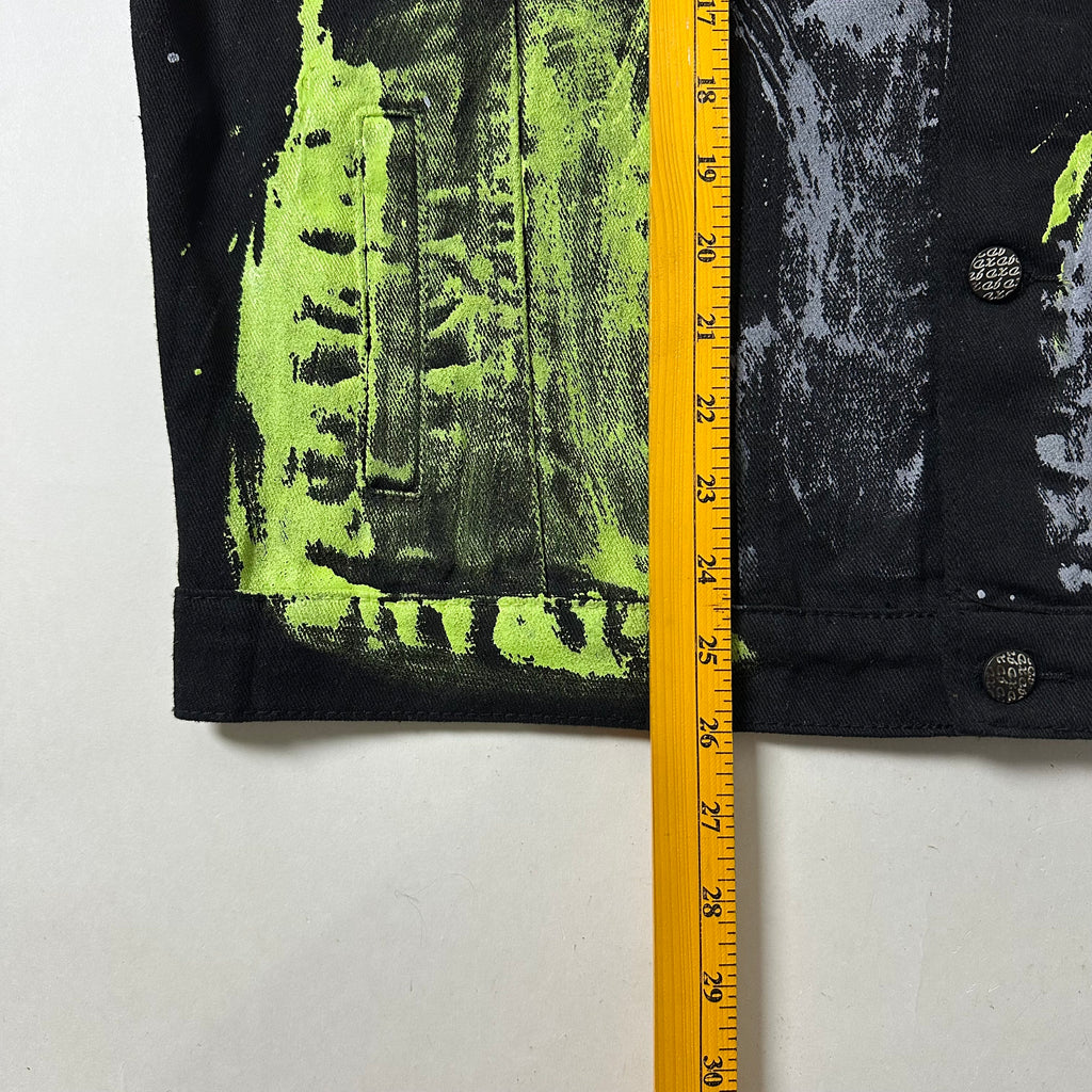 Random Paint Splattered Black Denim Jacket (Size Large) Boxy Fit — SOLD