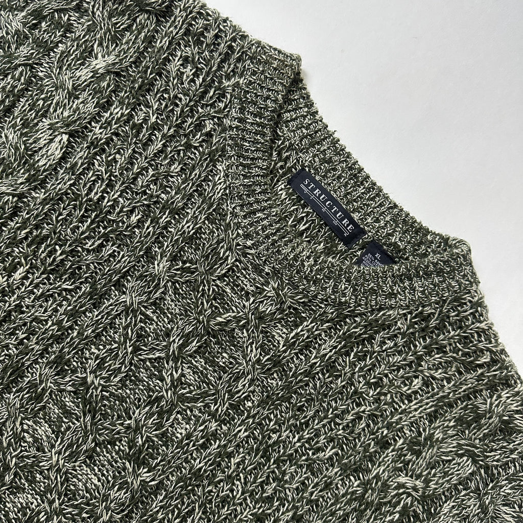 Vintage Structure Cable-Knit Sweater in Marled Green (Size XL)