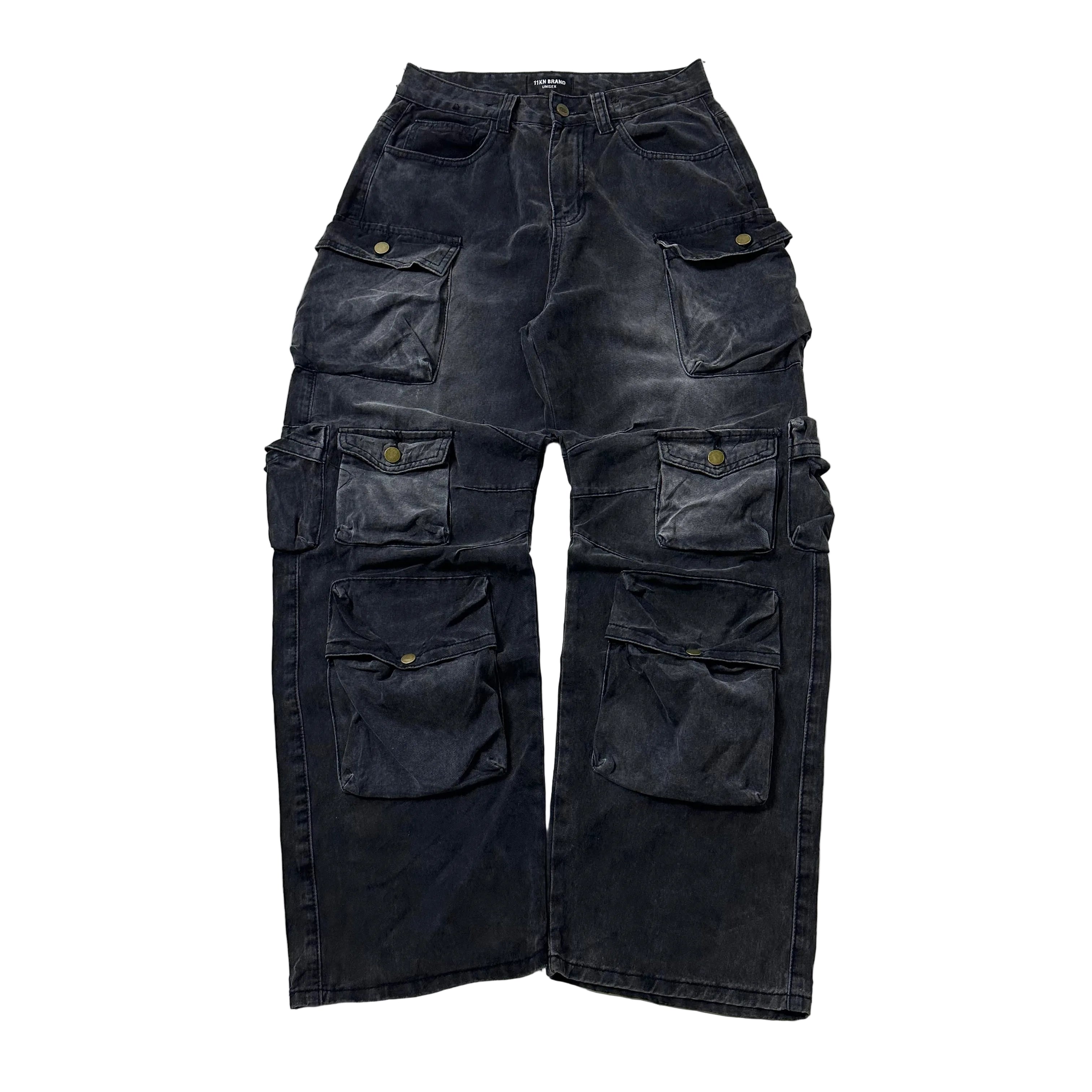 11KN BRAND Unisex Multi-Pockets Baggy Pants in Washed Black (Size 28)