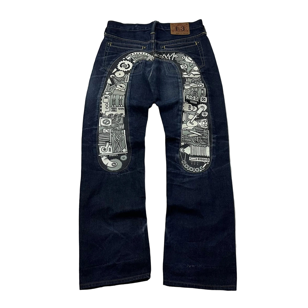Evisu Big Daicock Mechanical Motif Selvedge Denim Size 30-32