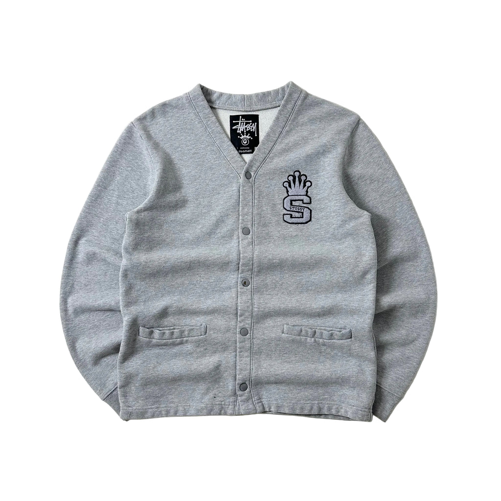 Stussy Cardigan Sweater Felt Patch Crown-topped “S” Logo in Gray (Size Medium)