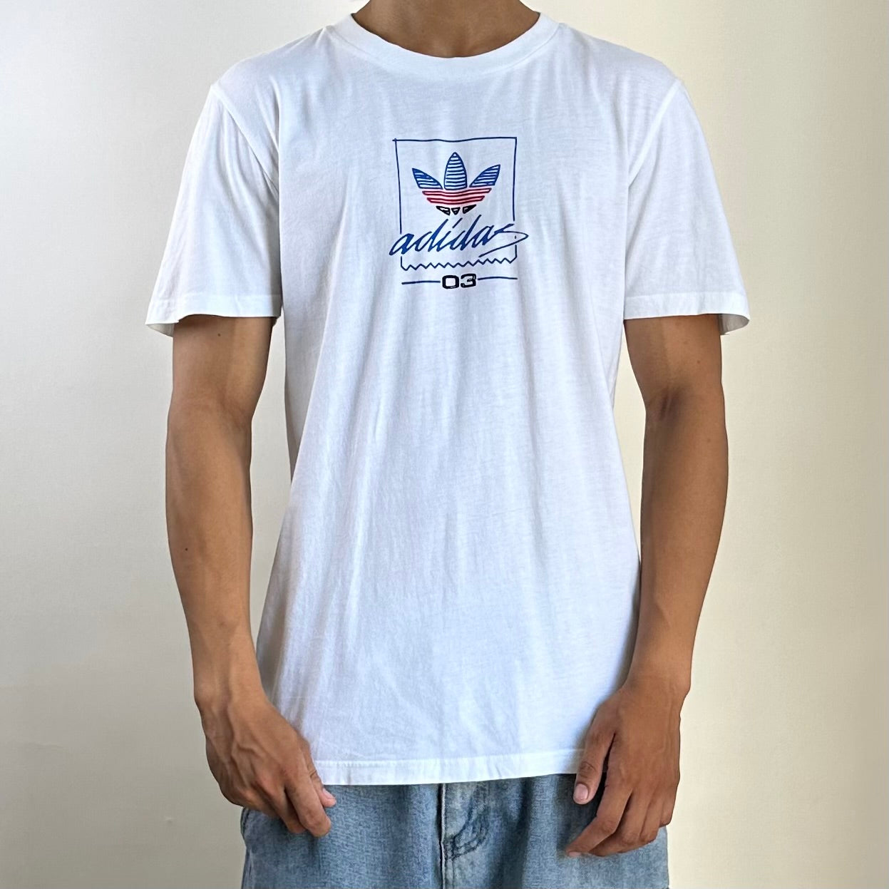 Adidas Grand T-Shirt, specifically the "White Red Blue" Small