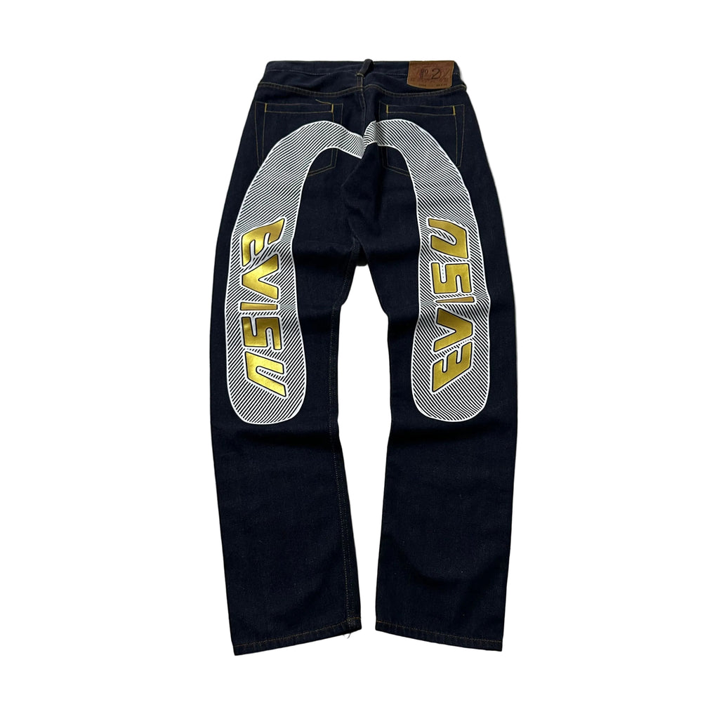 Evisu Big Daicock Striped Logo Denim Jeans with Gold “EVISU” Spell out Size 29