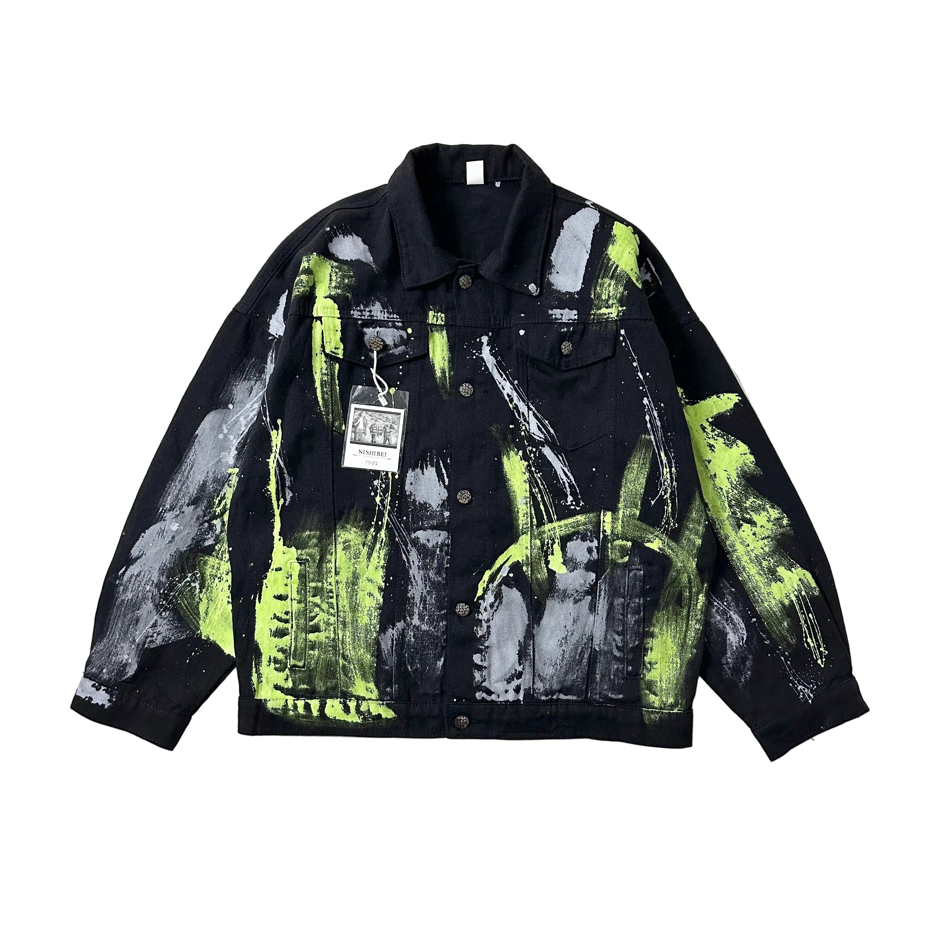 Random Paint Splattered Black Denim Jacket (Size Large) Boxy Fit — SOLD
