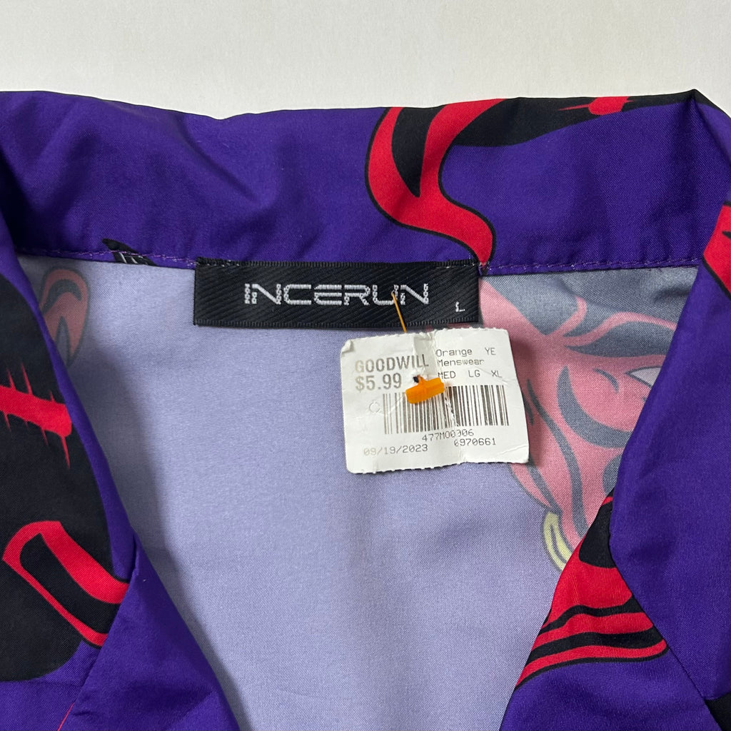 Incerun "Devil Head” Button Up T-shirt in Purple (Size Large)