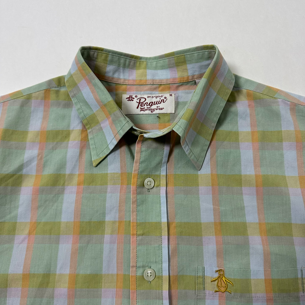 Penguin Short-sleeve Button-down Polo in Pastel Plaid Pattern (Size Medium)