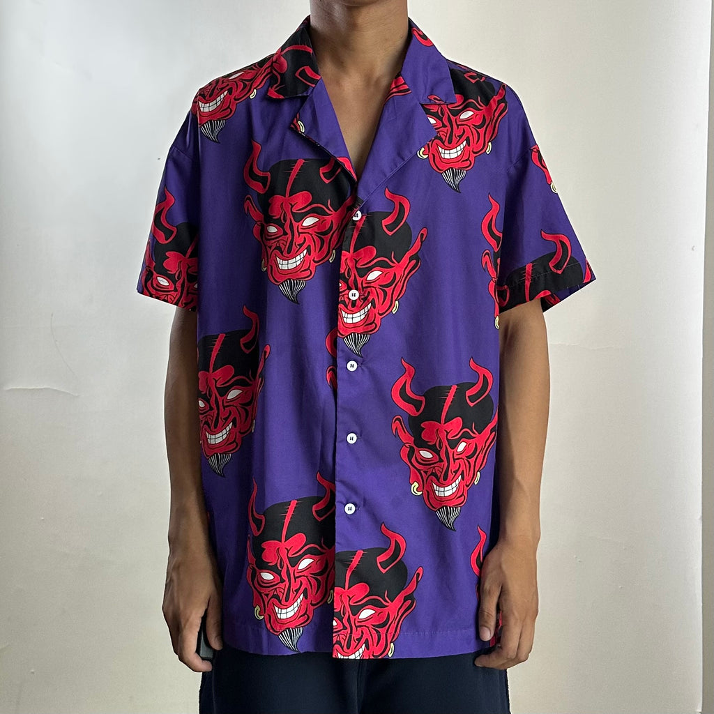 Incerun "Devil Head” Button Up T-shirt in Purple (Size Large)