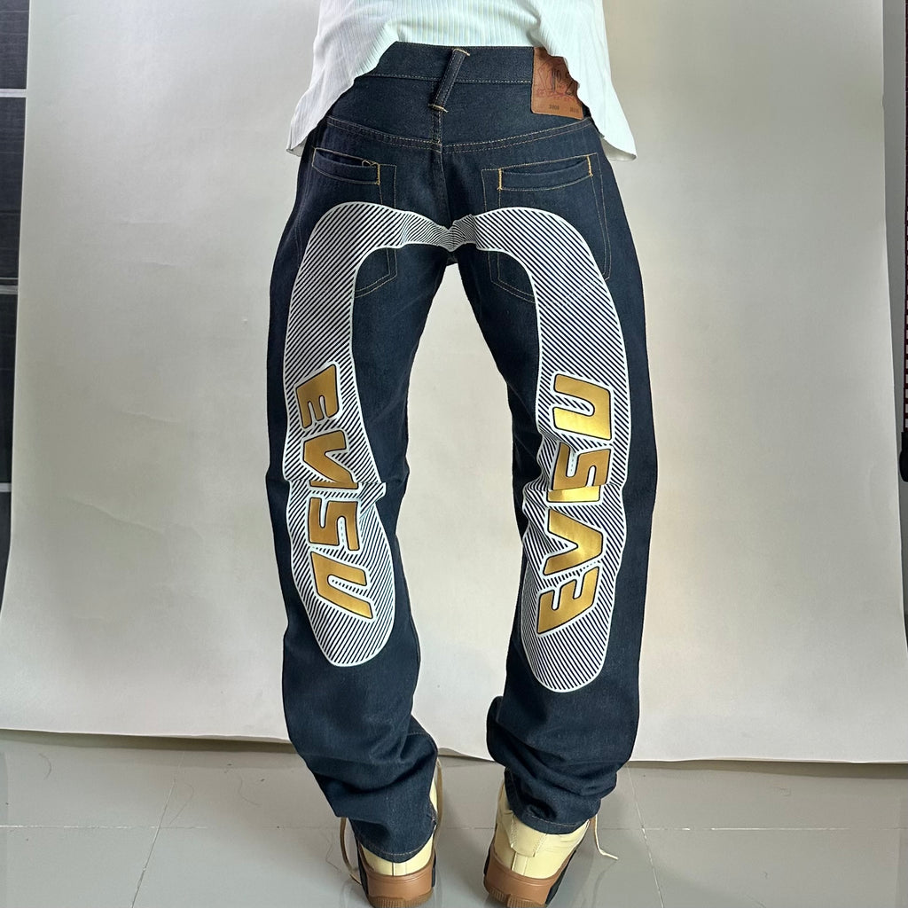 Evisu Big Daicock Striped Logo Denim Jeans with Gold “EVISU” Spell out Size 29