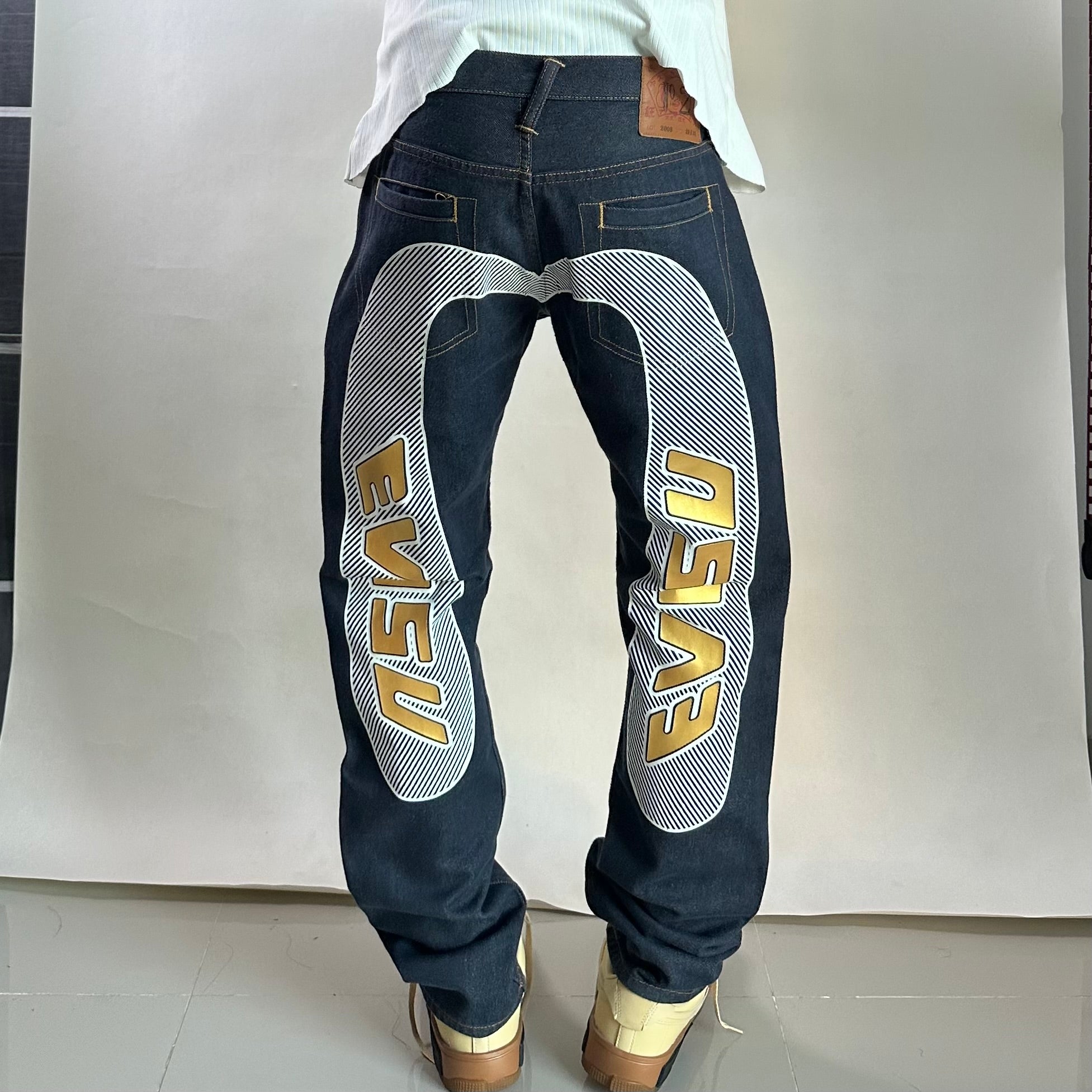 Evisu Big Daicock Striped Logo Denim Jeans with Gold “EVISU” Spell out Size 29
