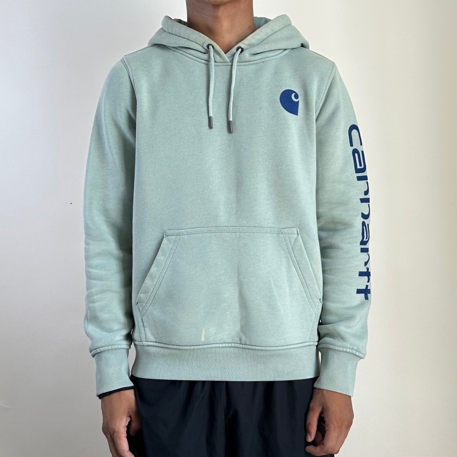 Carhartt Script Hoodie Jacket in Pale Green with yellow stains (Size Small)