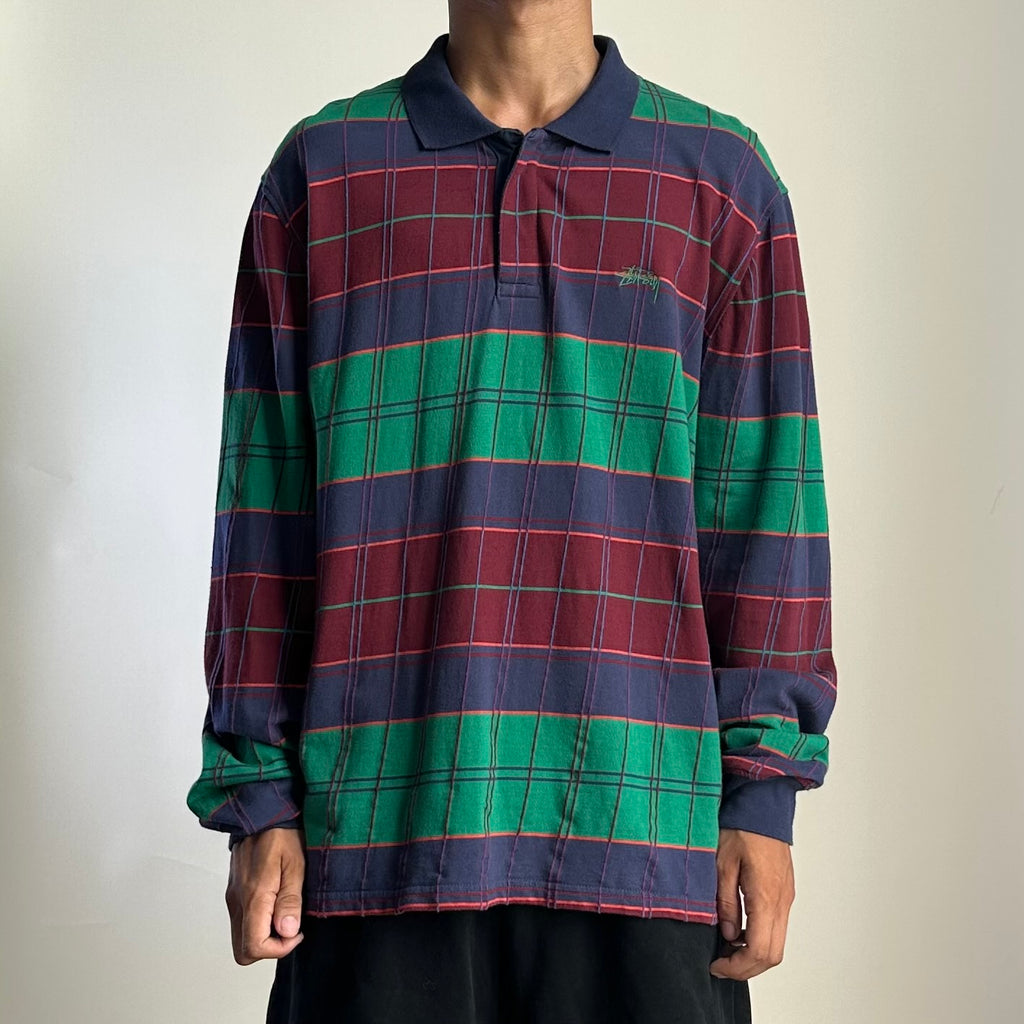 Stussy Plaid Long sleeve Polo with  an Embroidered Chest Logo (Size Large)