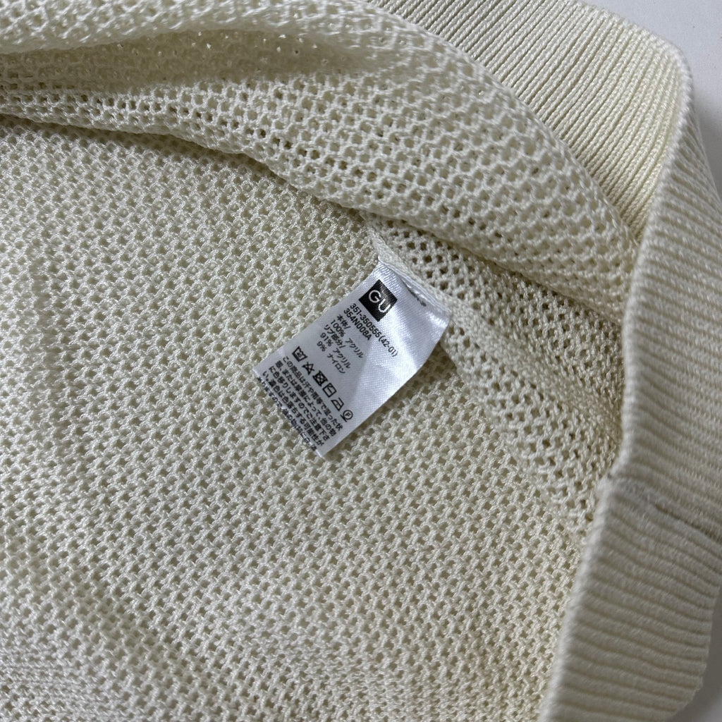 GU Mesh Knit Open Collar Polo T-shirt in Cream Size Medium