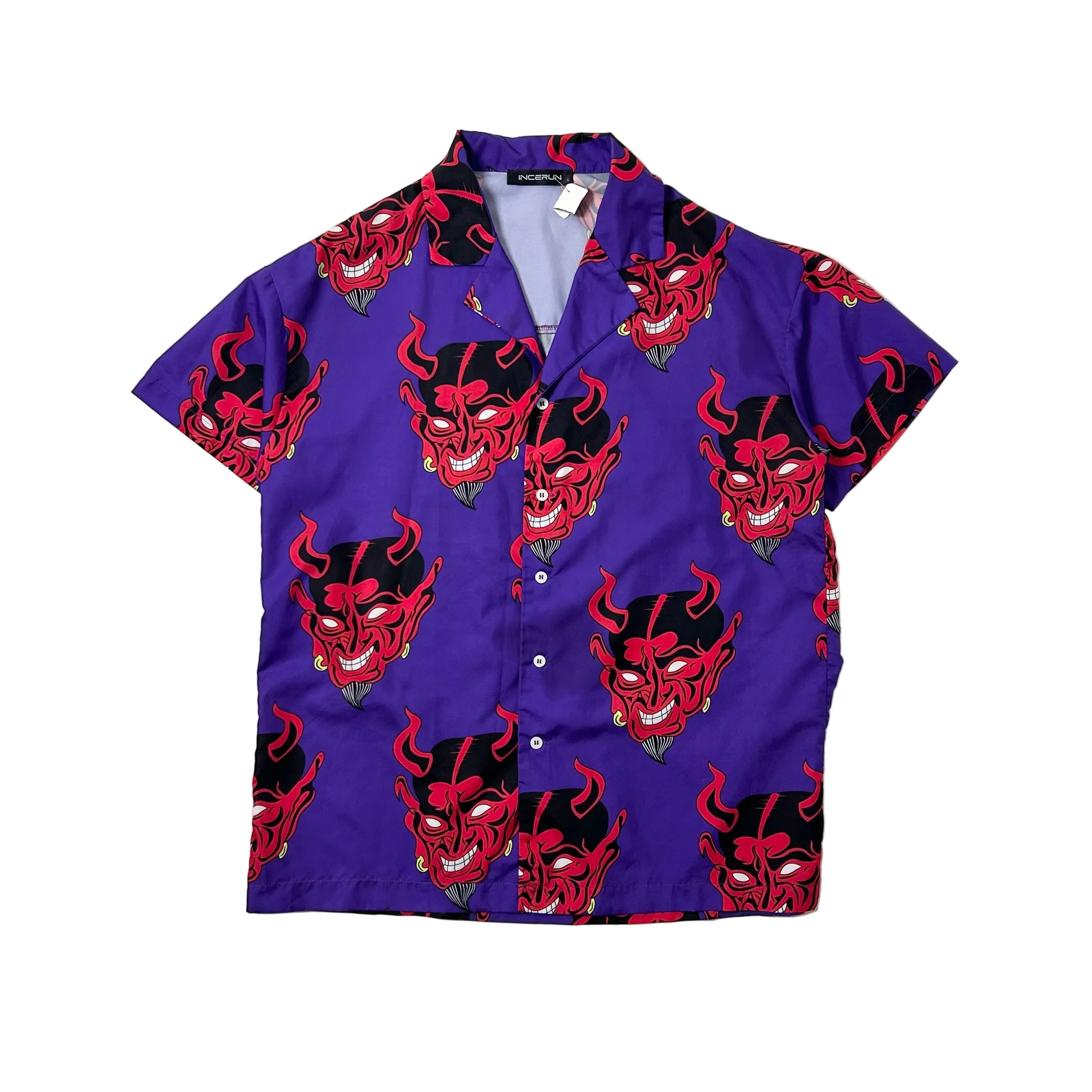 Incerun "Devil Head” Button Up T-shirt in Purple (Size Large)