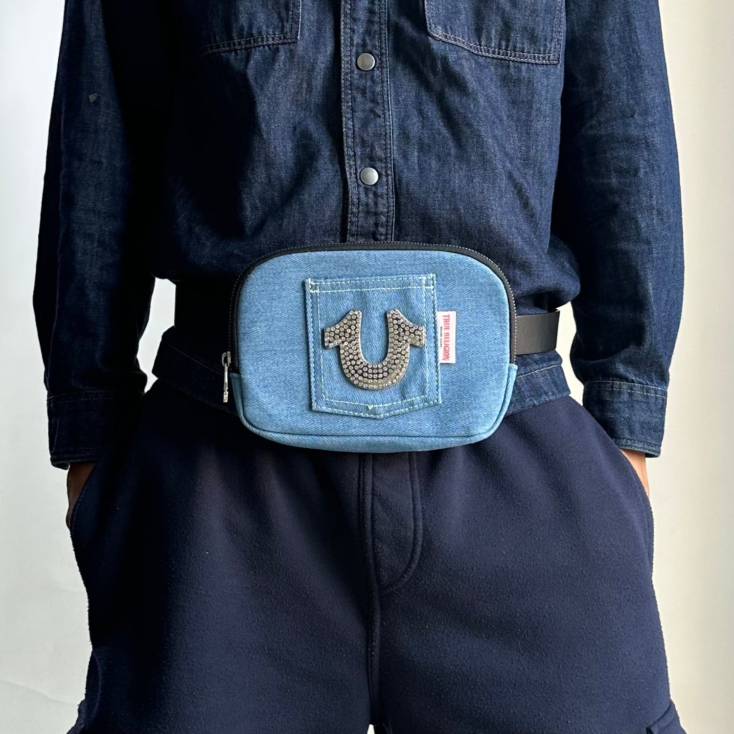 True Religion Denim Belt Bag Rhinestone Horseshoe logo w/Adjustable Strap