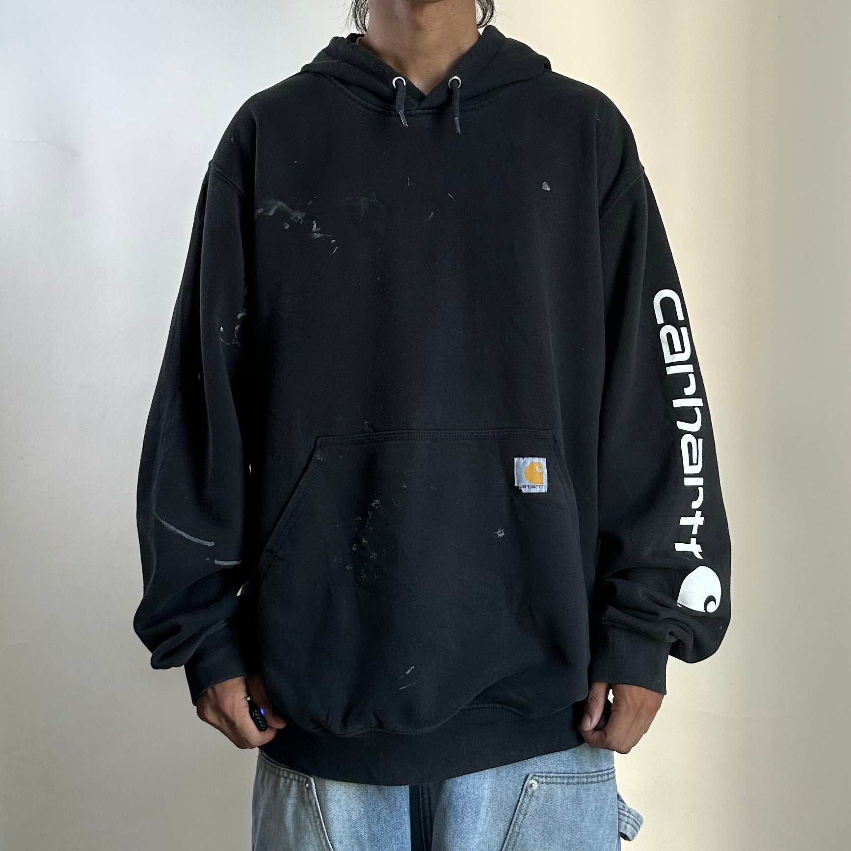 Carhartt Script Hoodie Jacket with Multiple stains in Black (Size Large)
