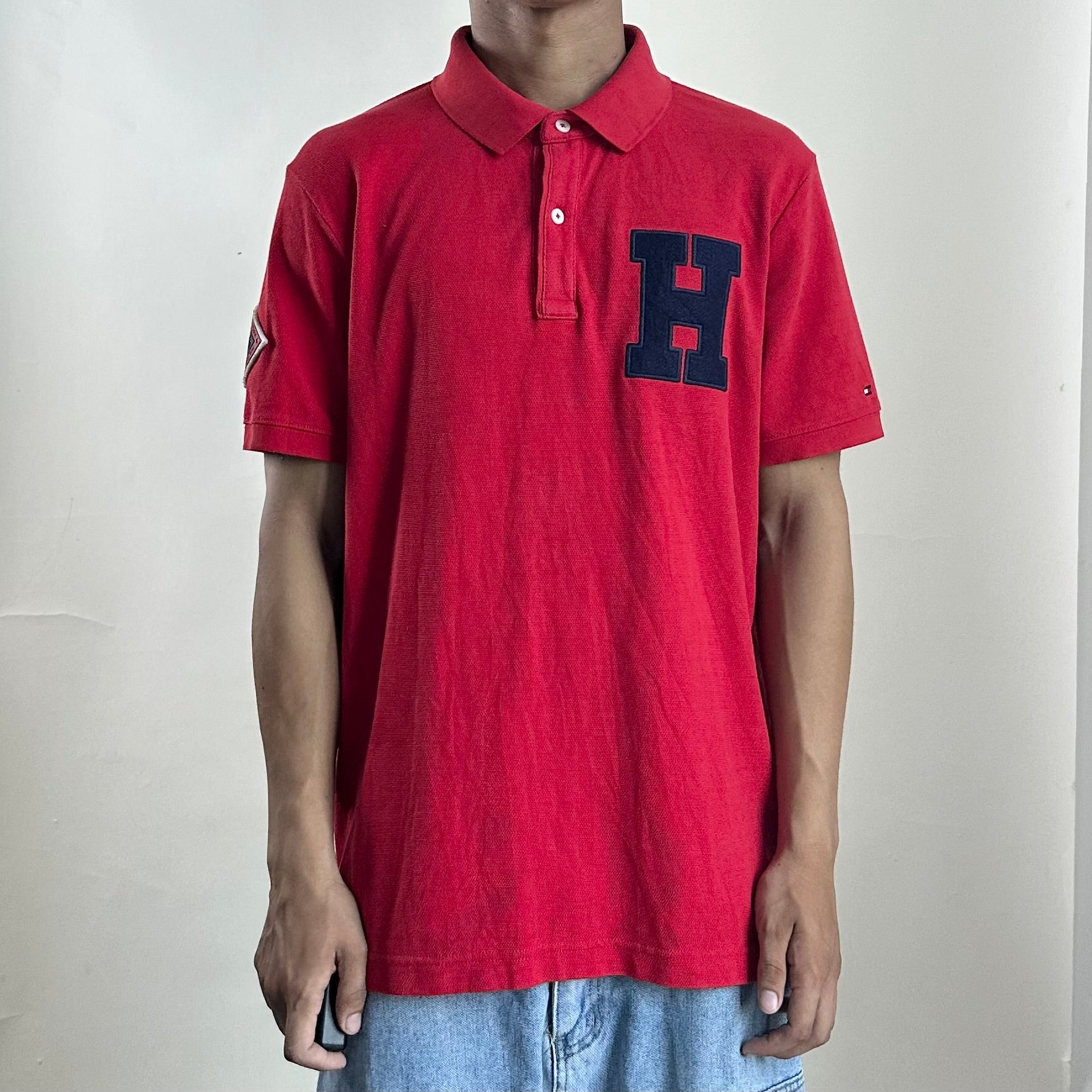 Tommy Hilfiger Polo T-shirt in Red Big Letter “H’ Varsity Style on chest (Size Large)