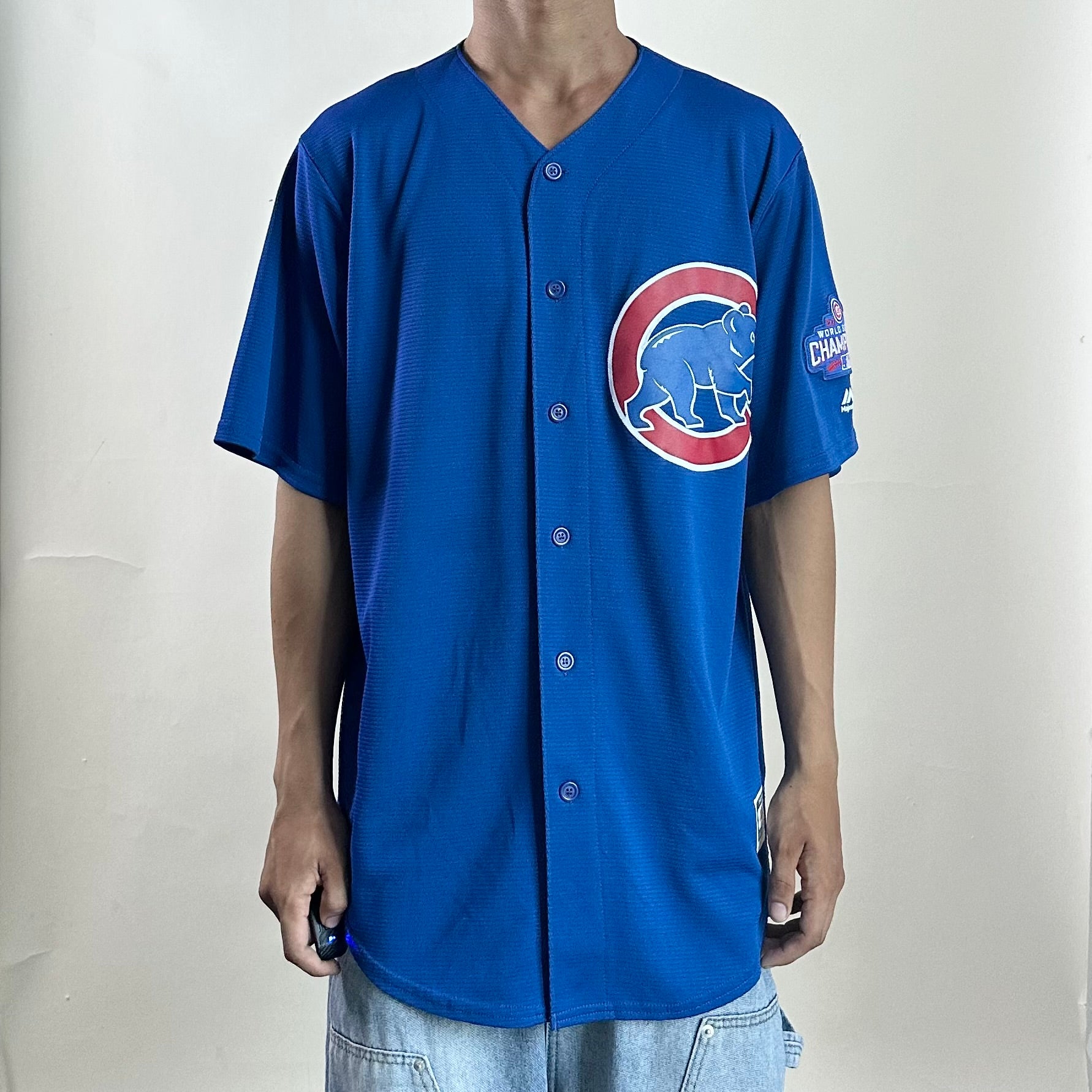 Majestic Chicago Cubs “BAEZ”Baseball Jersey in Royal Blue (Size Large)