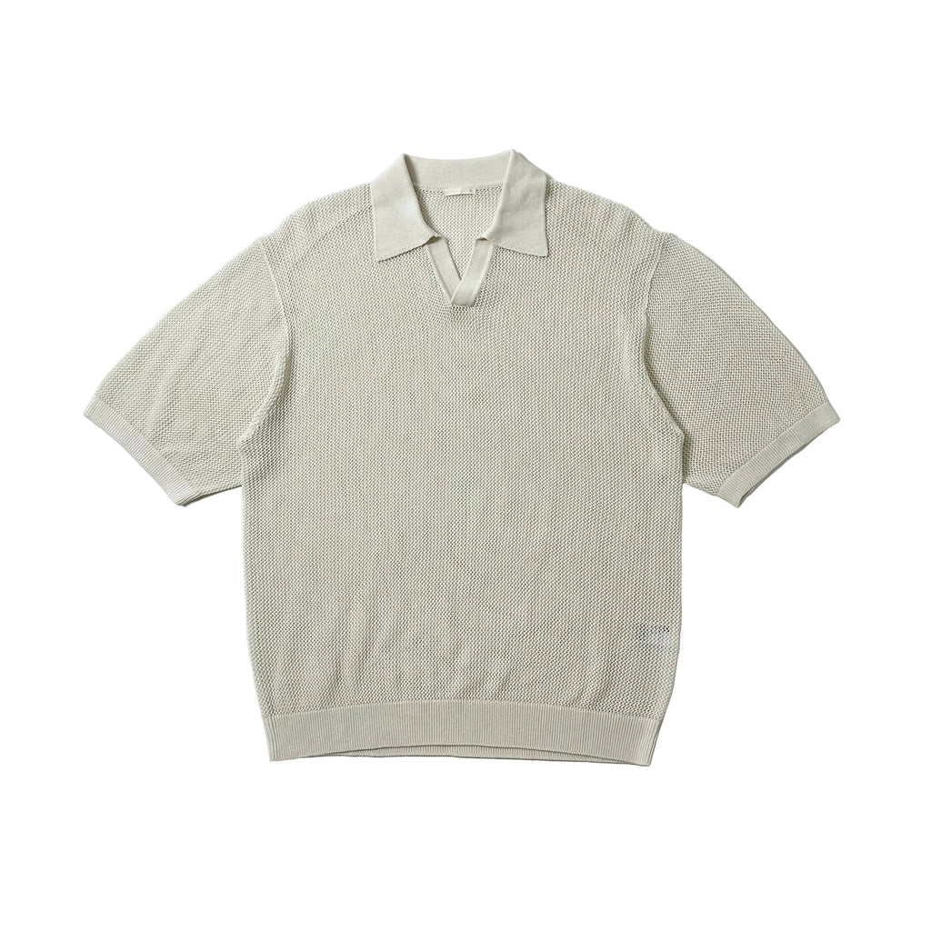 GU Mesh Knit Open Collar Polo T-shirt in Cream Size Medium