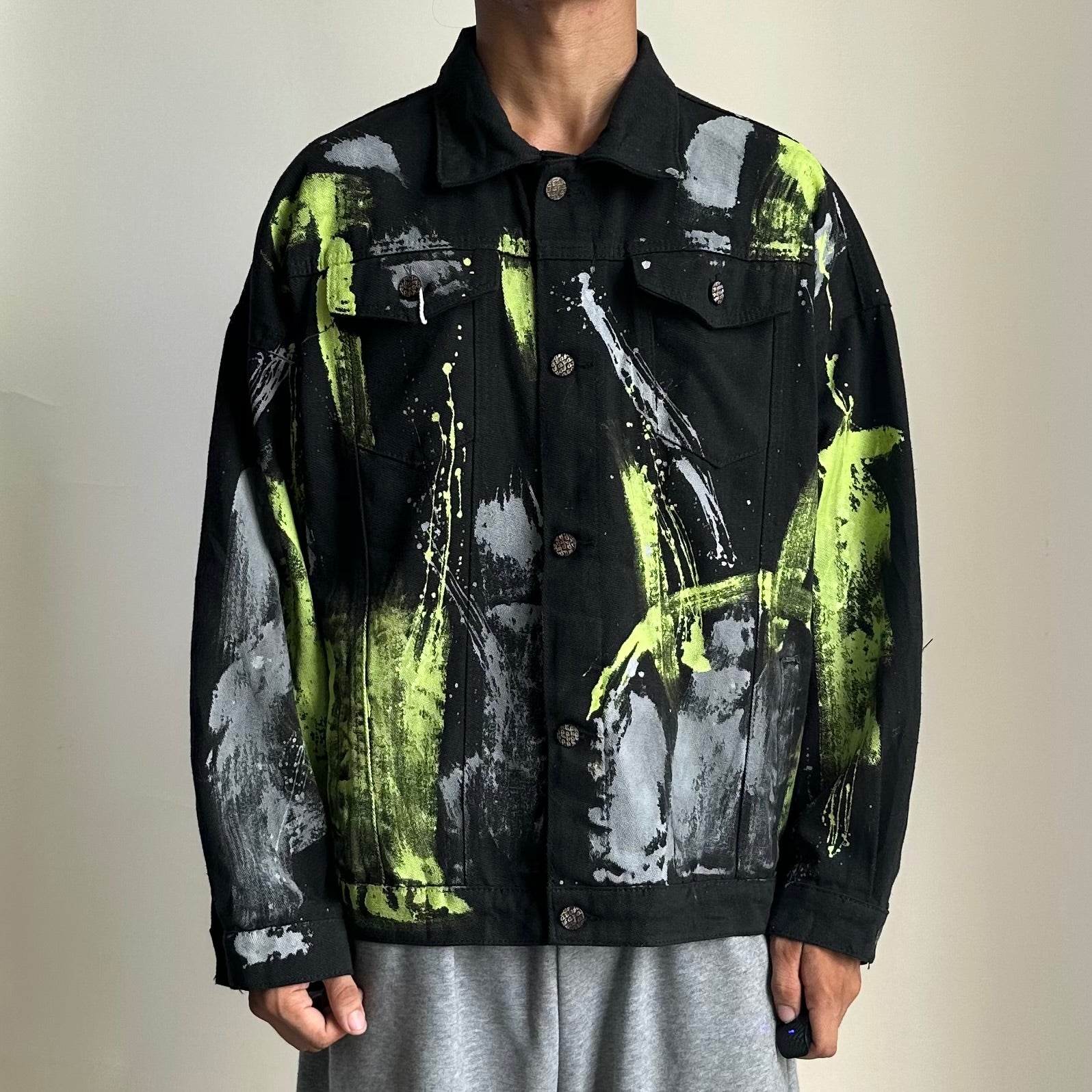 Random Paint Splattered Black Denim Jacket (Size Large) Boxy Fit — SOLD